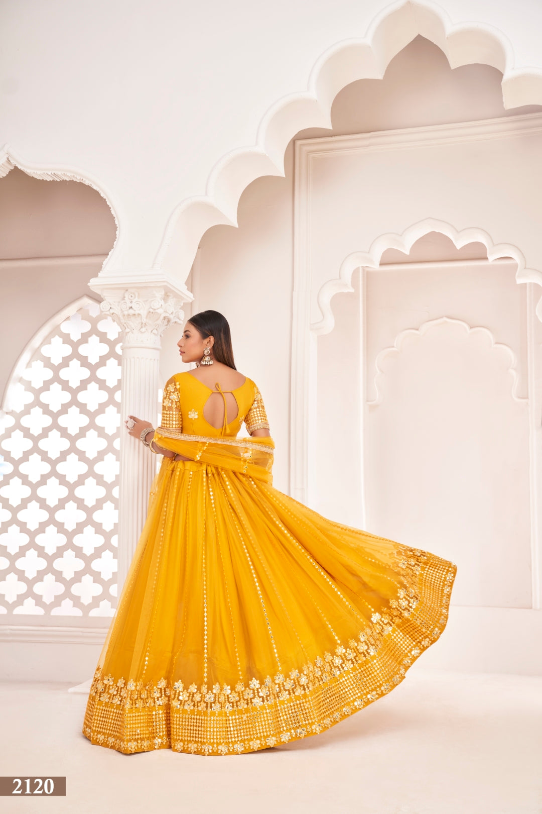 Mustard Yellow Butterfly Net Lehenga with Thread & Mirror Work Embroidery