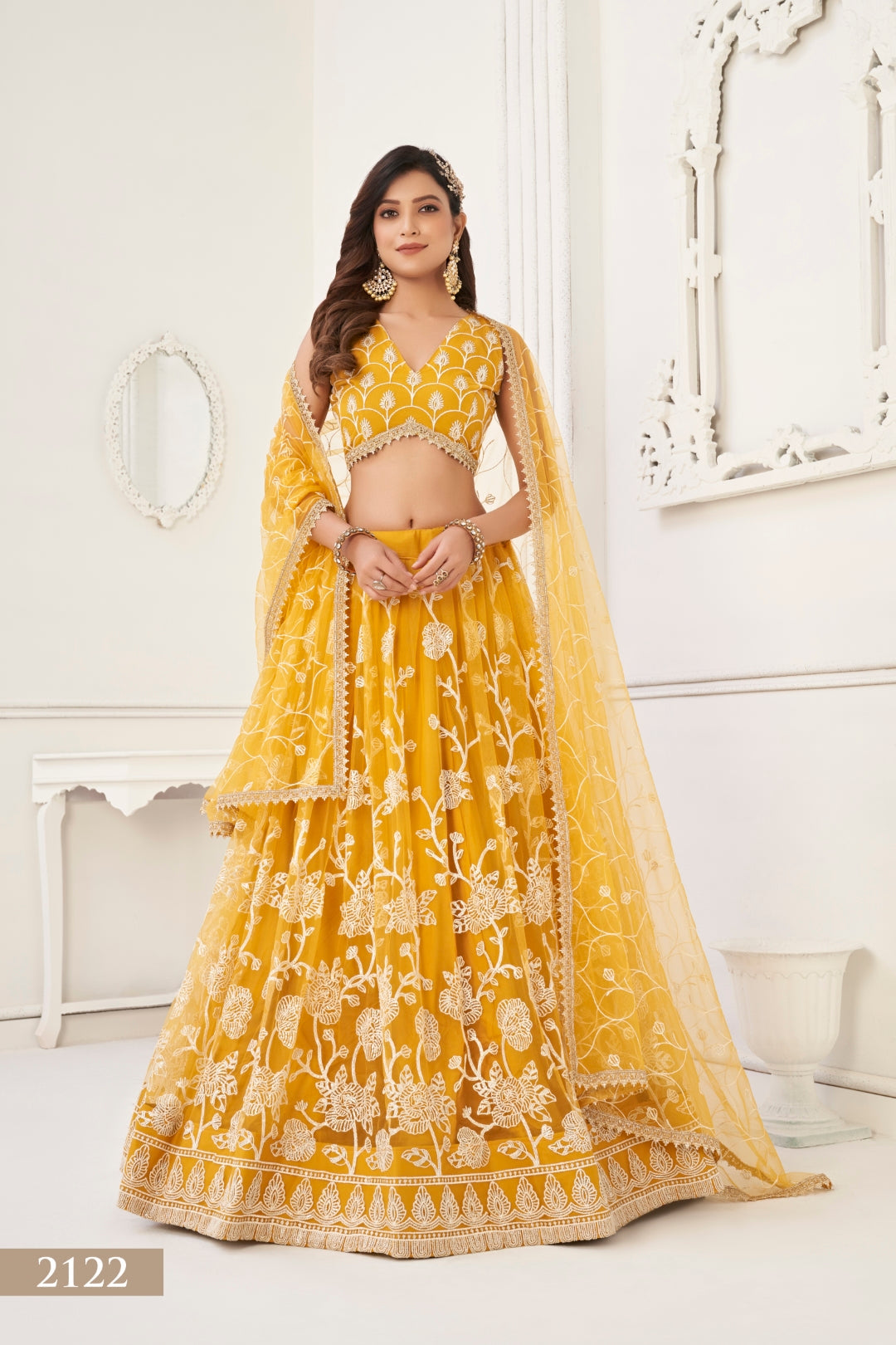 Mustard Yellow Butterfly Net Lehenga with White Cotton Thread Work and Sequence Embroidery