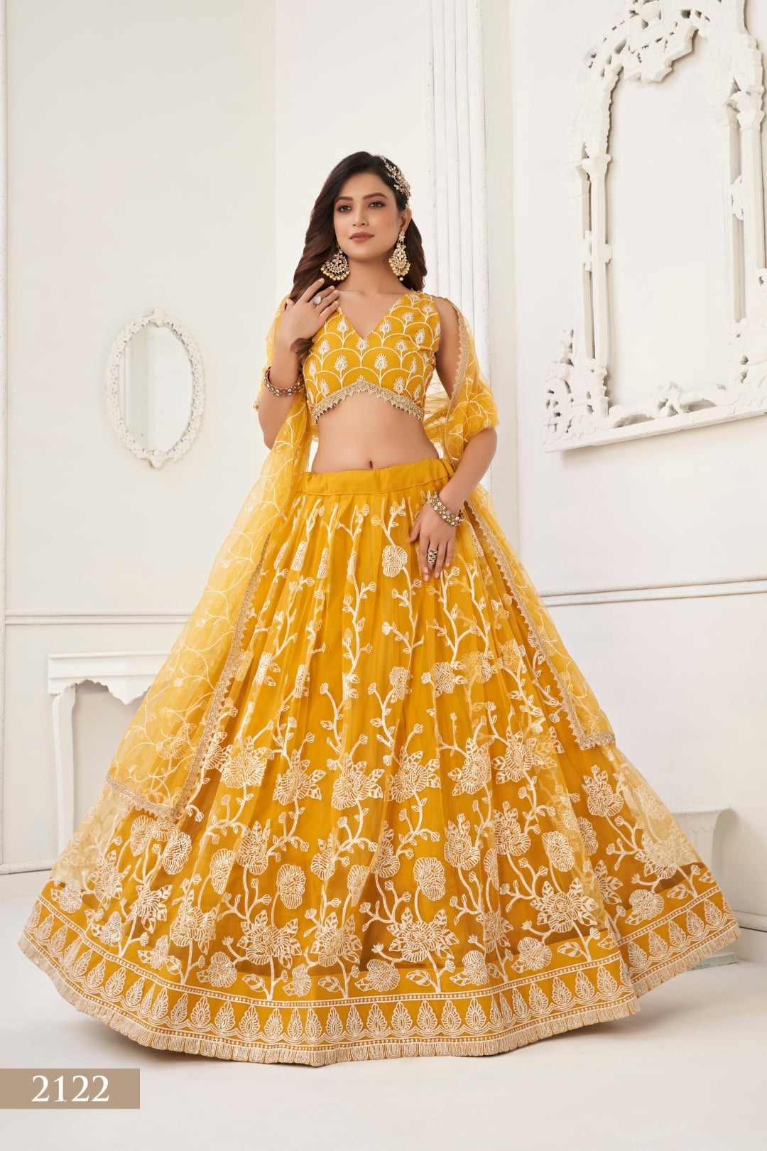 Mustard Yellow Butterfly Net Lehenga with White Cotton Thread Work and Sequence Embroidery