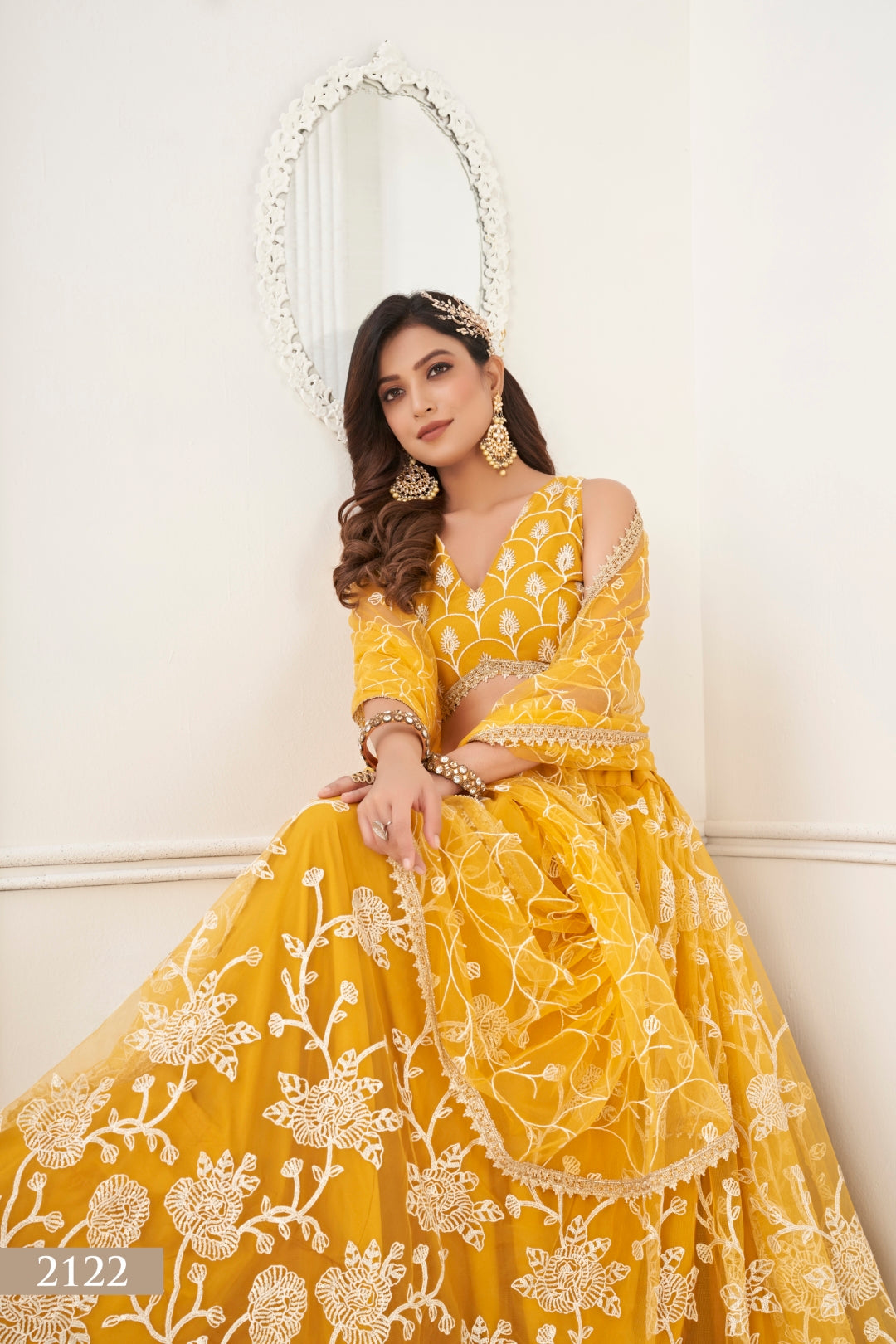 Mustard Yellow Butterfly Net Lehenga with White Cotton Thread Work and Sequence Embroidery