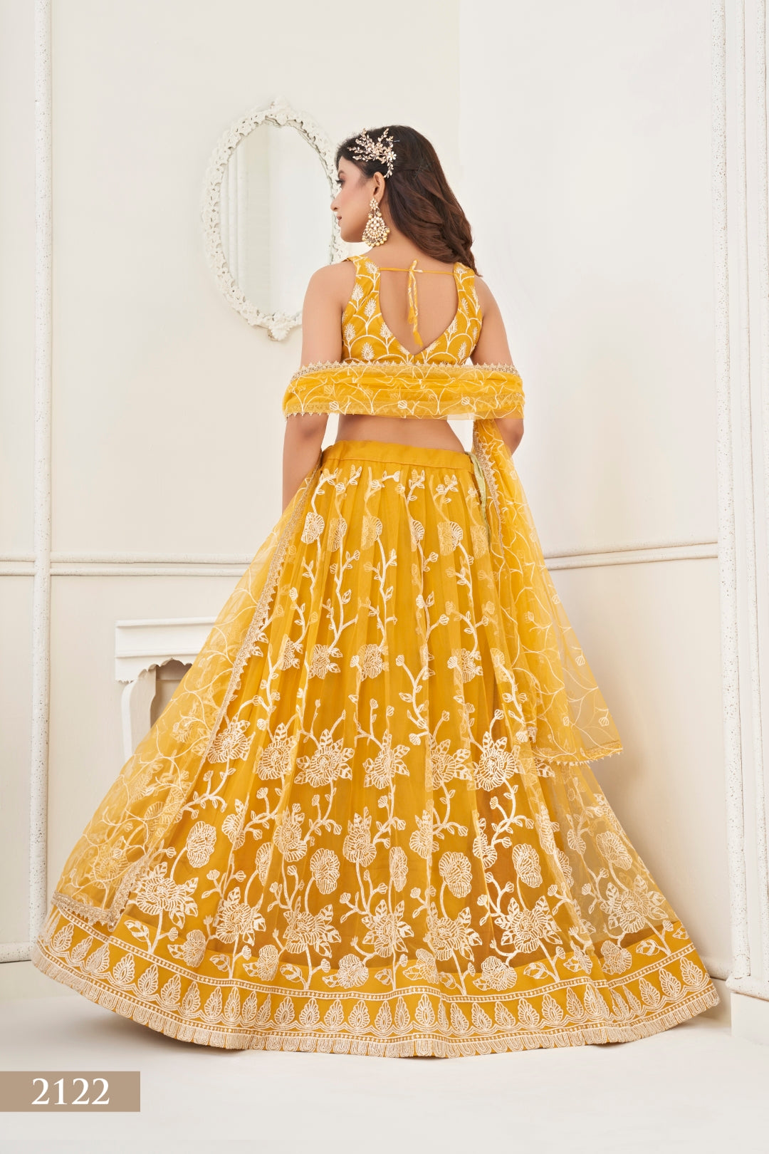 Mustard Yellow Butterfly Net Lehenga with White Cotton Thread Work and Sequence Embroidery