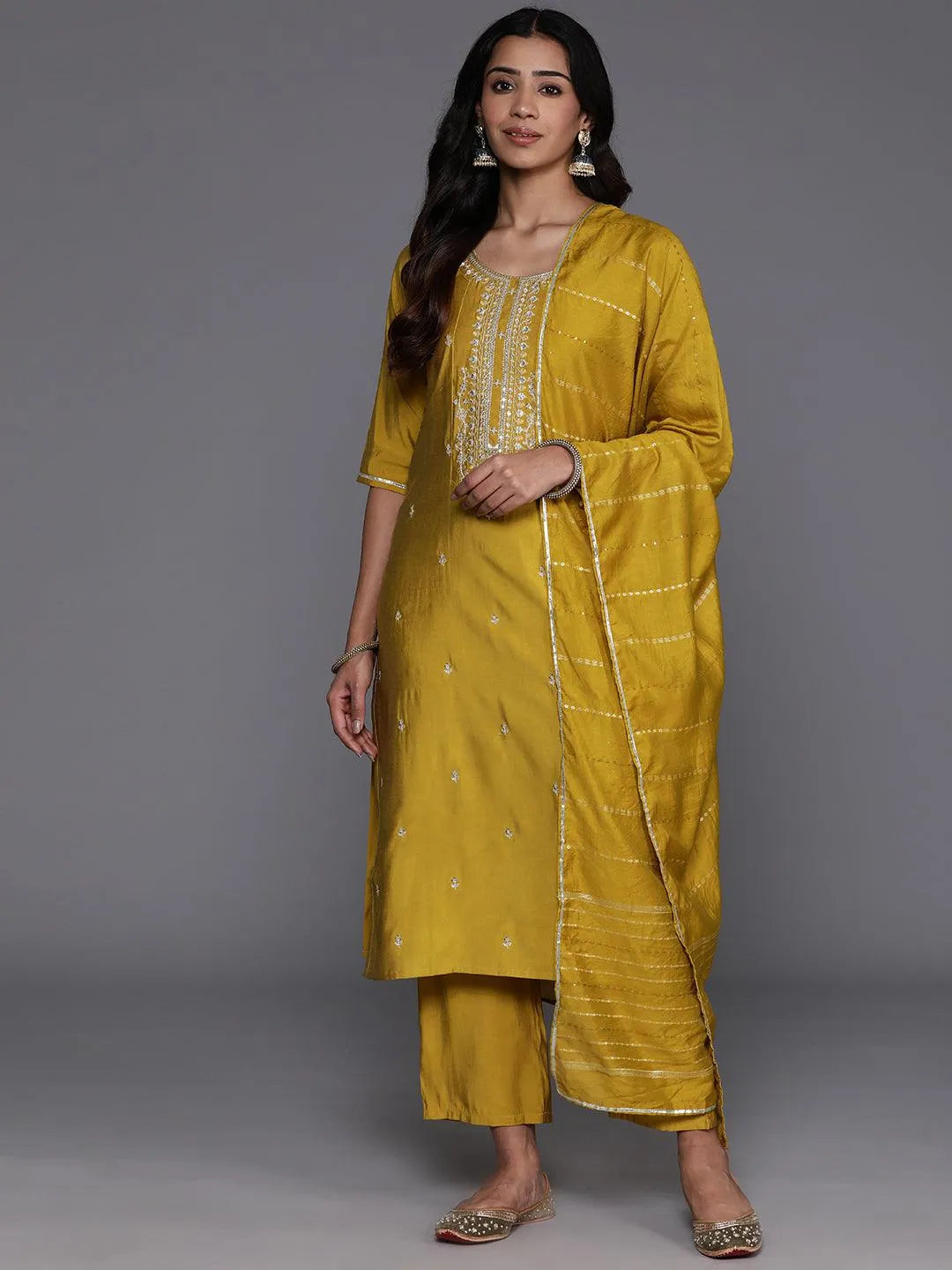 Anouk Mustard Yoke Design Silk Blend Straight Suit With Dupatta