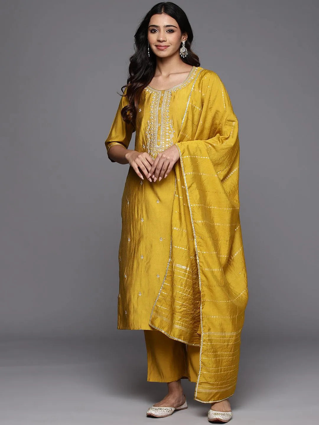 Anouk Mustard Yoke Design Silk Blend Straight Suit With Dupatta