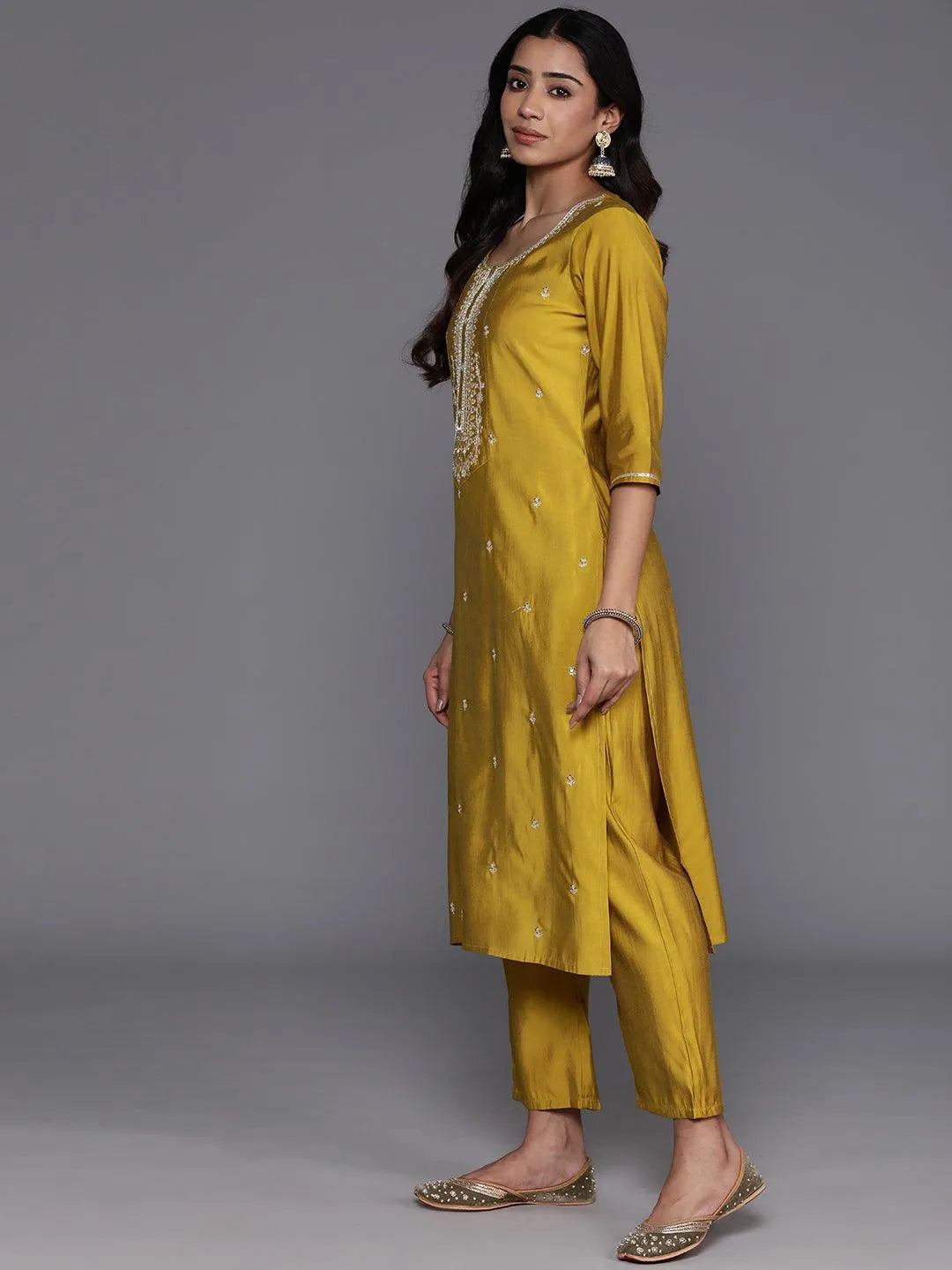 Anouk Mustard Yoke Design Silk Blend Straight Suit With Dupatta