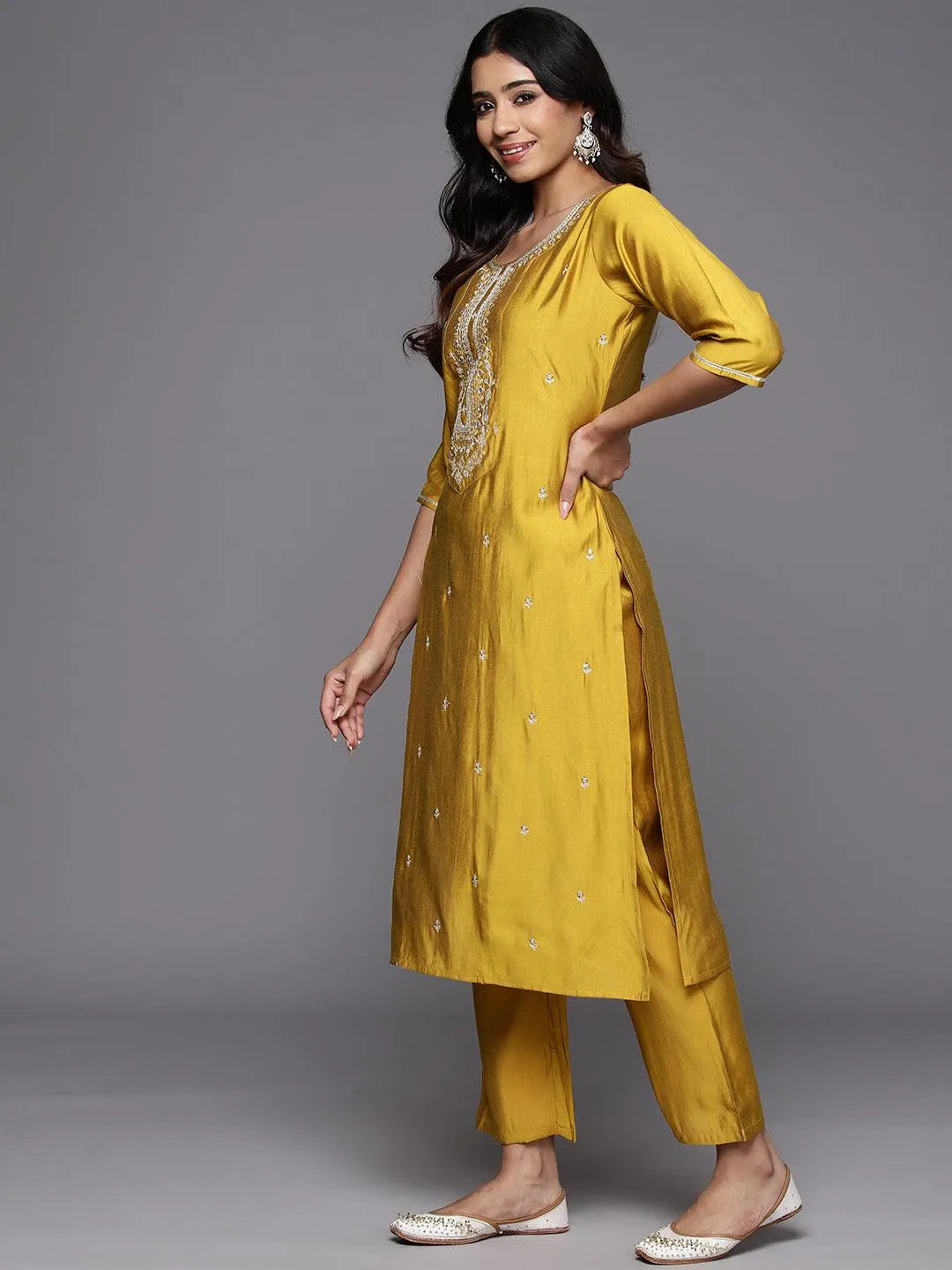 Anouk Mustard Yoke Design Silk Blend Straight Suit With Dupatta