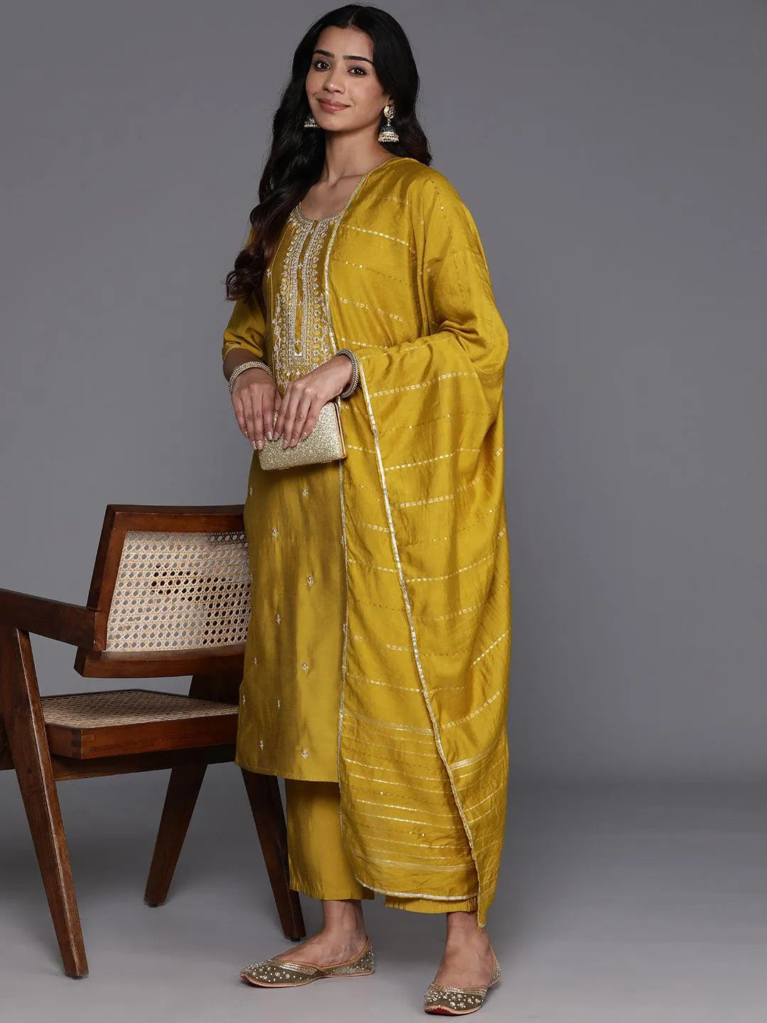 Anouk Mustard Yoke Design Silk Blend Straight Suit With Dupatta
