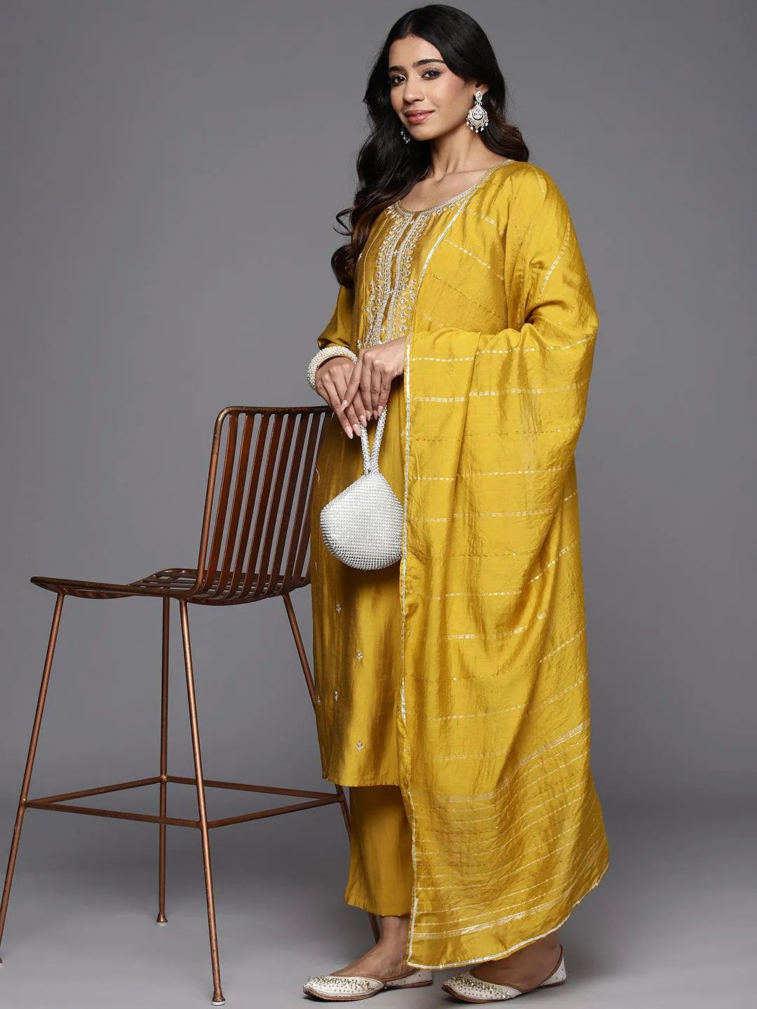 Anouk Mustard Yoke Design Silk Blend Straight Suit With Dupatta