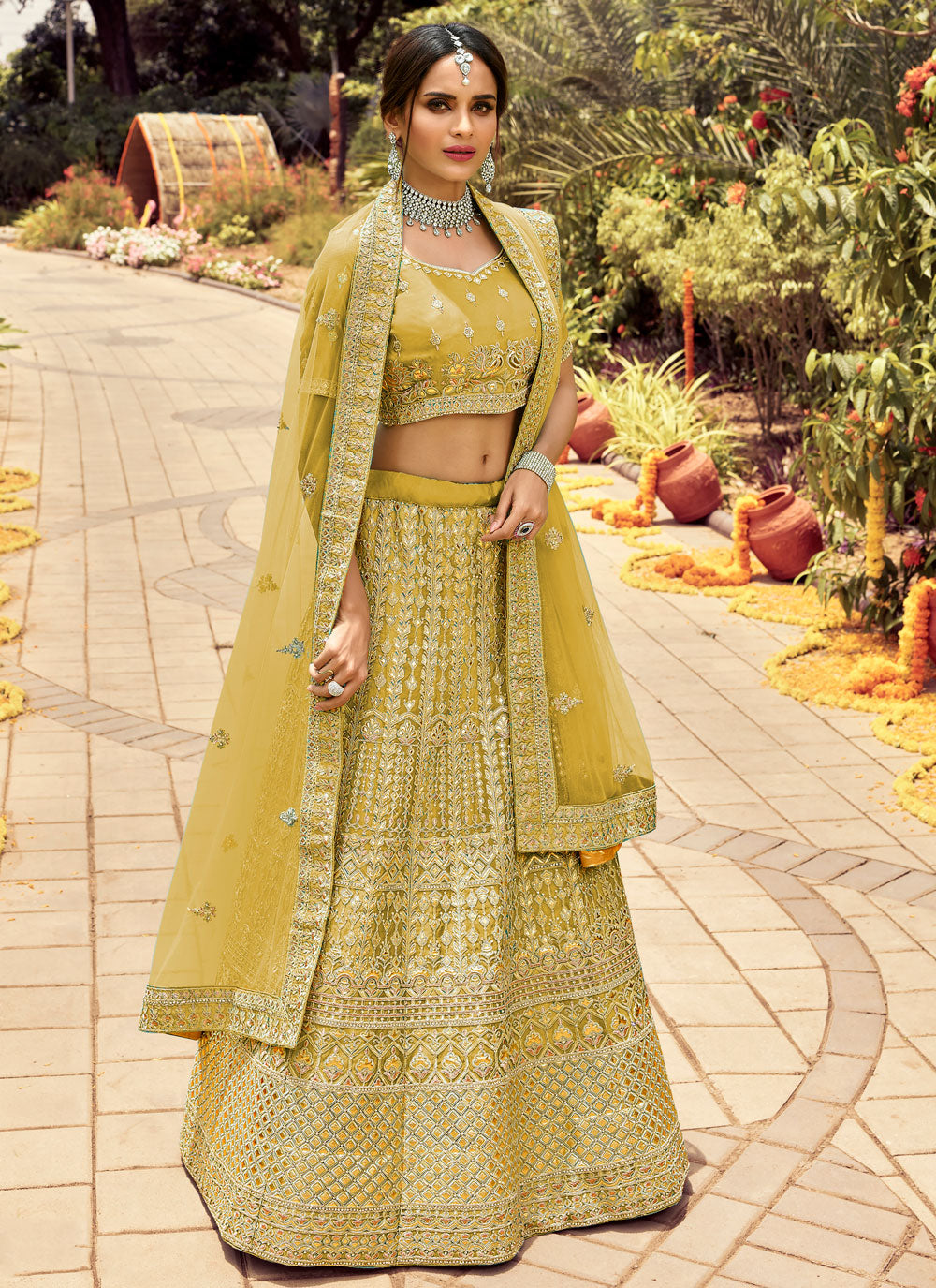 Light-Yellow Embroidered Organza Semi Stitched Lehenga