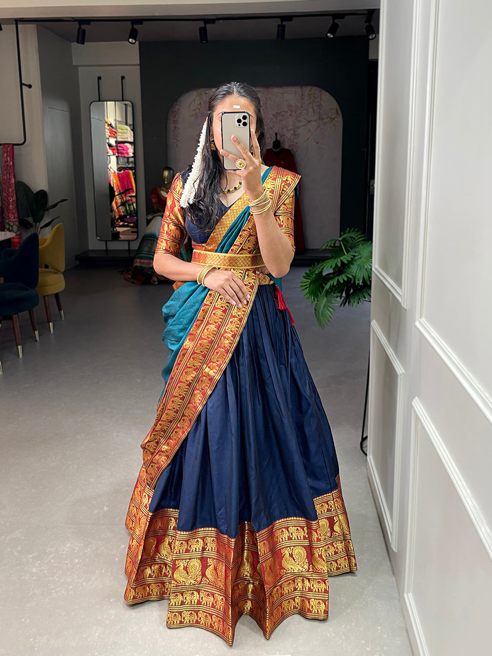 Navy Blue Color Zari Weaving Work Narayan Pet (Cotton) South Indian Lehenga Choli