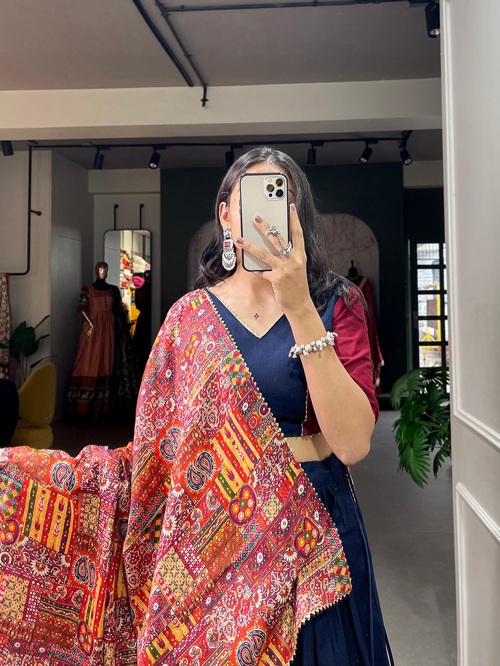 Navy Blue Color Plain And Printed With Gotta Patti Cotton For Navratri Chaniya Choli