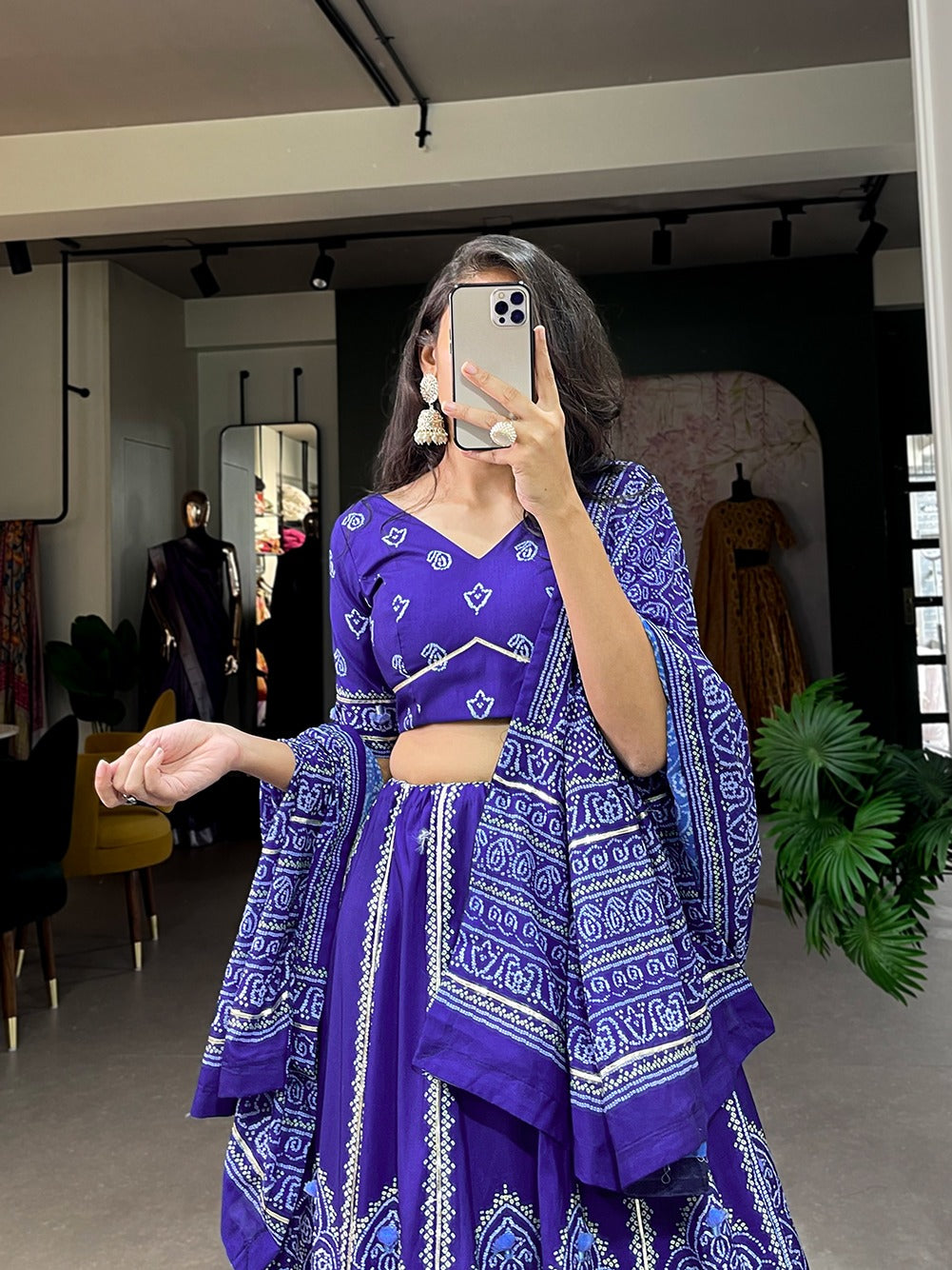 Navy Blue Color Bandhani Printed Vaishali Silk Lehenga With Blouse And Dupatta