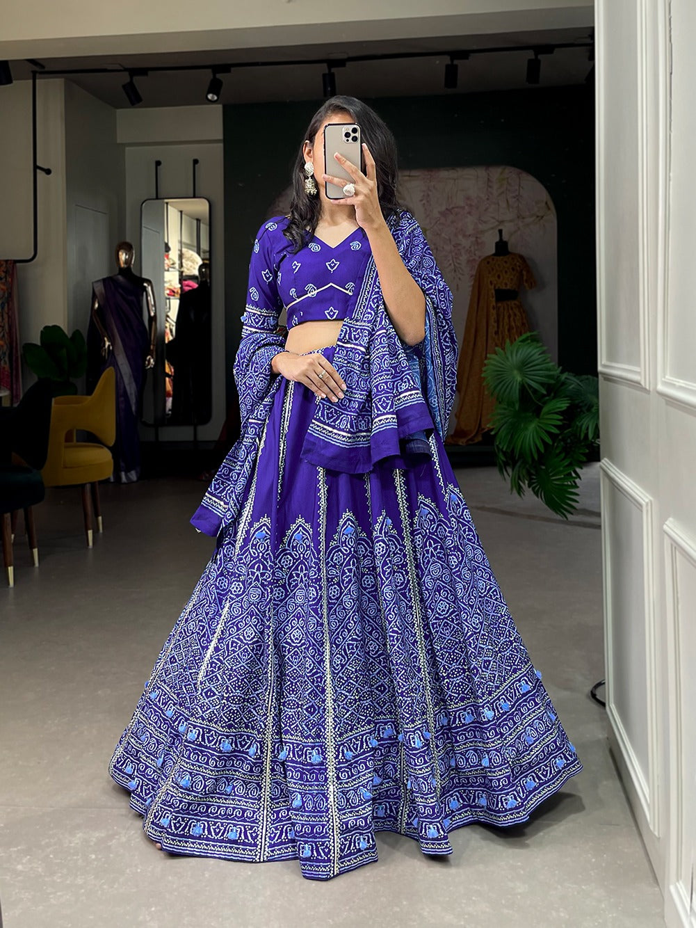 Navy Blue Color Bandhani Printed Vaishali Silk Lehenga With Blouse And Dupatta
