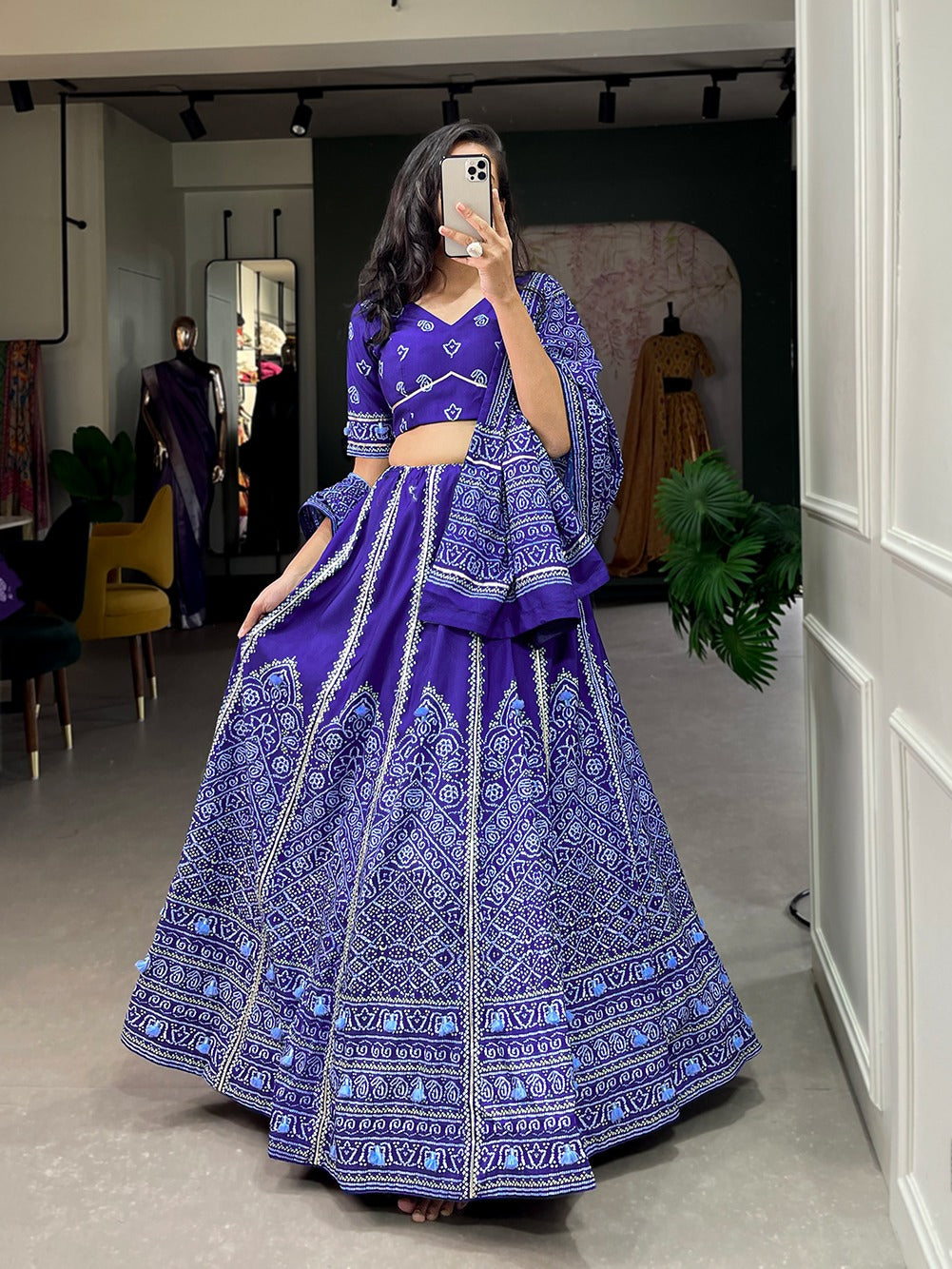 Navy Blue Color Bandhani Printed Vaishali Silk Lehenga With Blouse And Dupatta