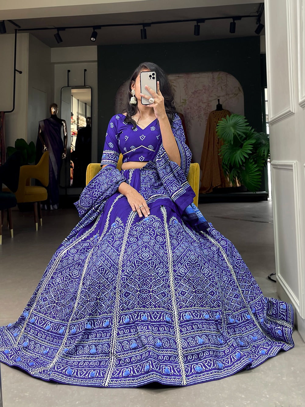 Navy Blue Color Bandhani Printed Vaishali Silk Lehenga With Blouse And Dupatta