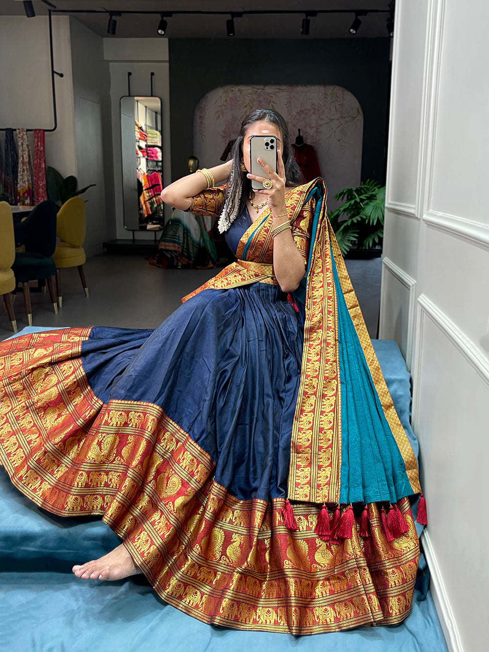 Navy Blue Color Zari Weaving Work Narayan Pet (Cotton) South Indian Lehenga Choli
