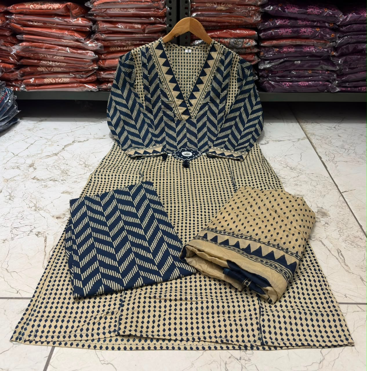Navy Blue Cotton 60×60 Chevron Print Kurti Pant Dupatta Set
