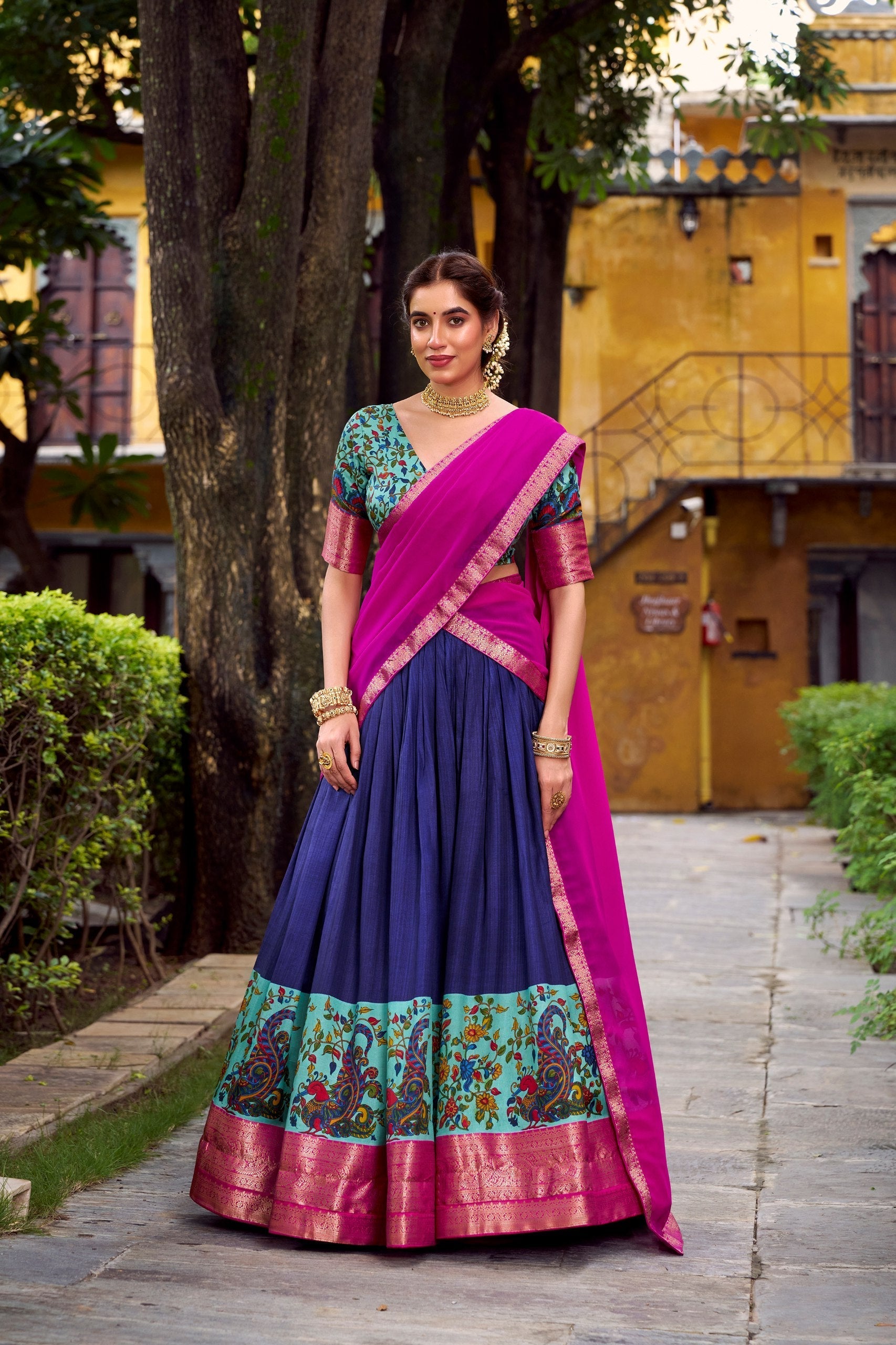Navy Blue Elegant Aastha Silk Printed Lehenga Choli Set with Zari Weaving and Georgette Dupatta – Stitched Ensemble