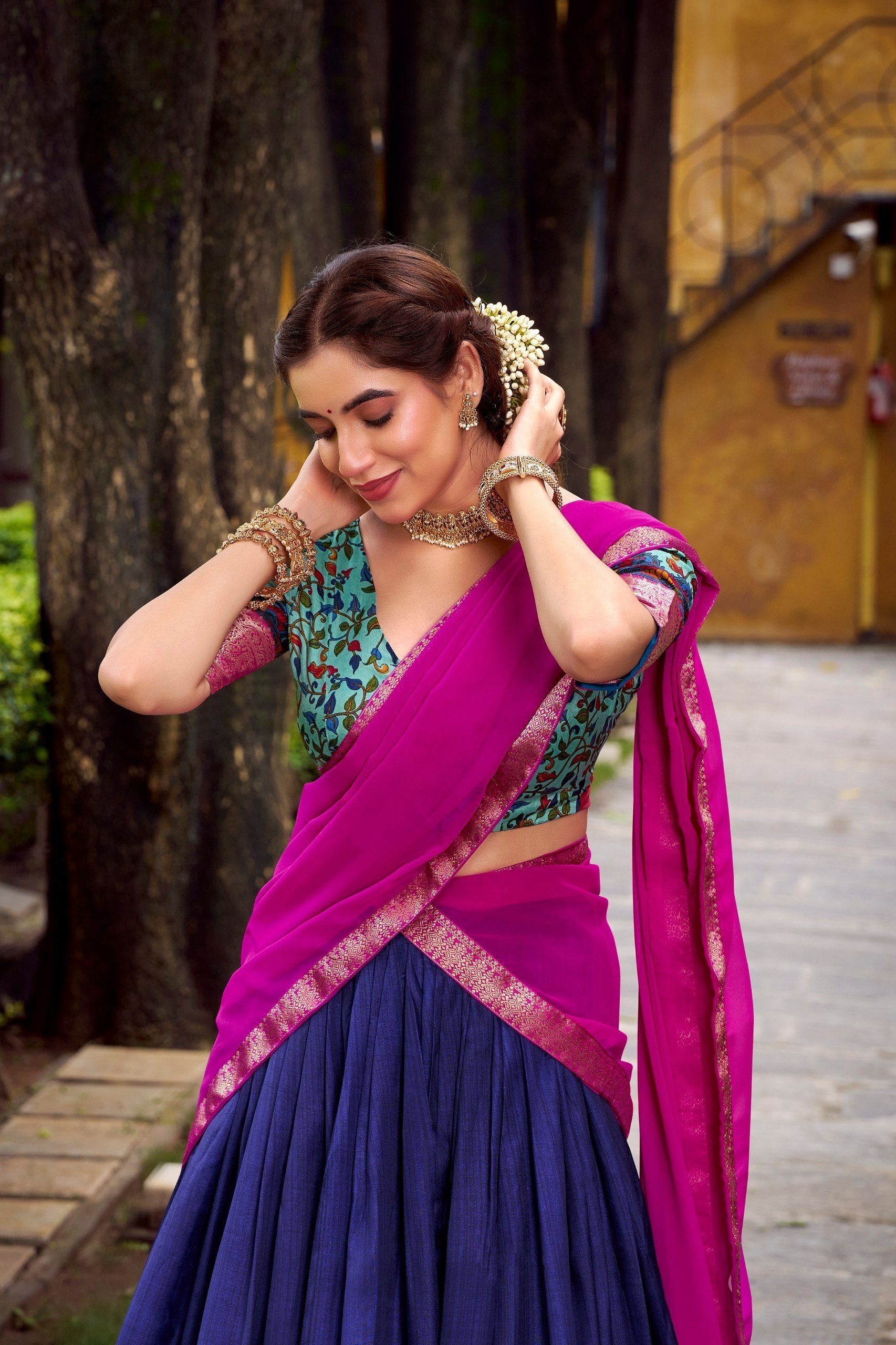 Navy Blue Elegant Aastha Silk Printed Lehenga Choli Set with Zari Weaving and Georgette Dupatta – Stitched Ensemble