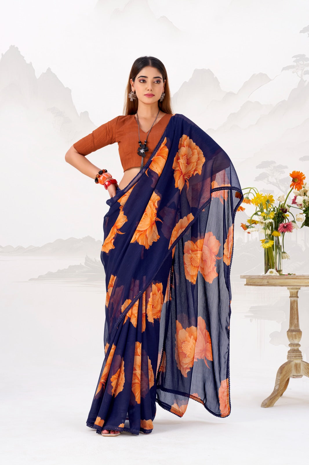 Navy Blue Elegant Chiffon Saree with Floral Print & Lace Border – Unstitched Banglory Blouse