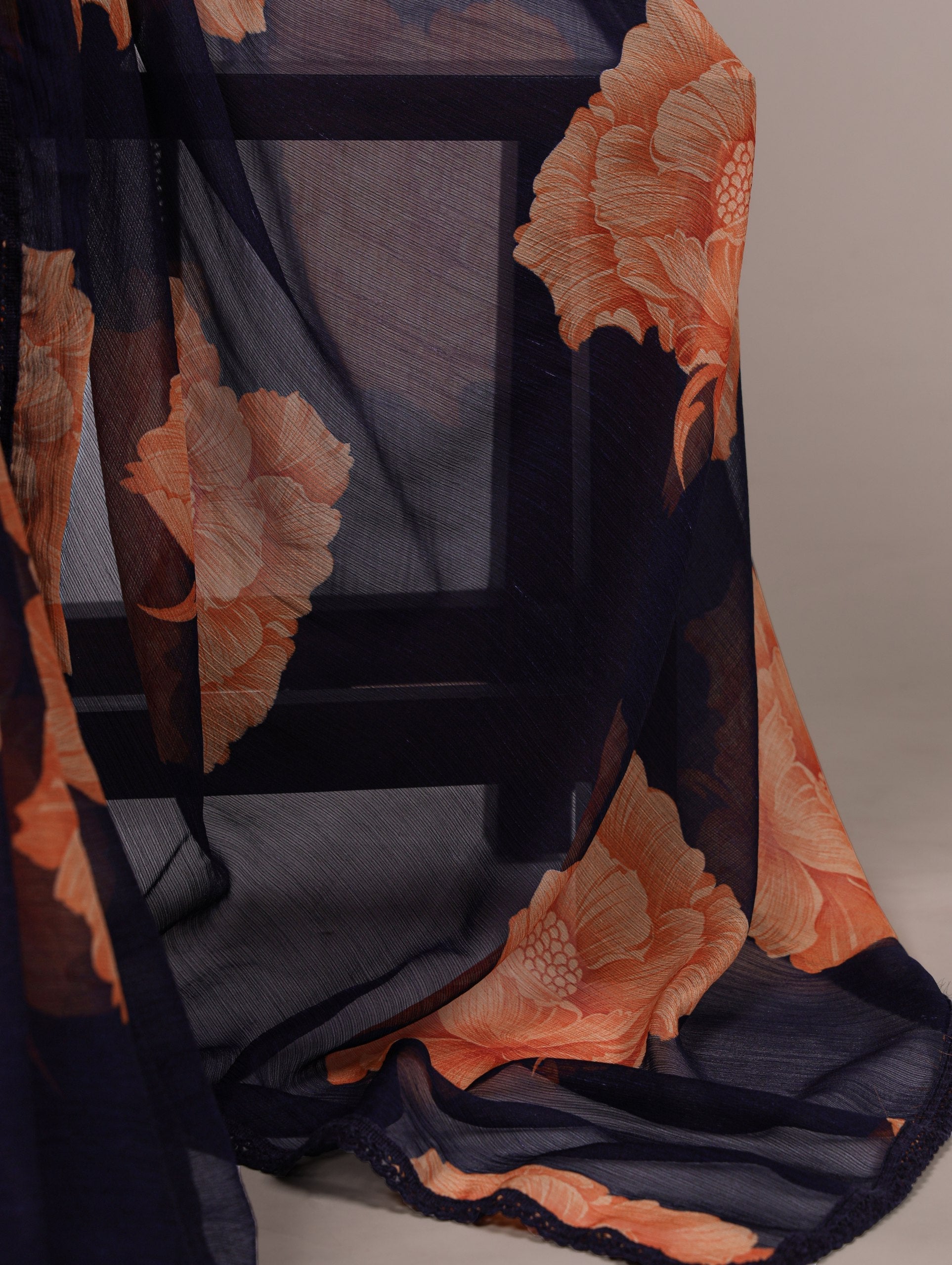 Navy Blue Elegant Chiffon Saree with Floral Print & Lace Border – Unstitched Banglory Blouse
