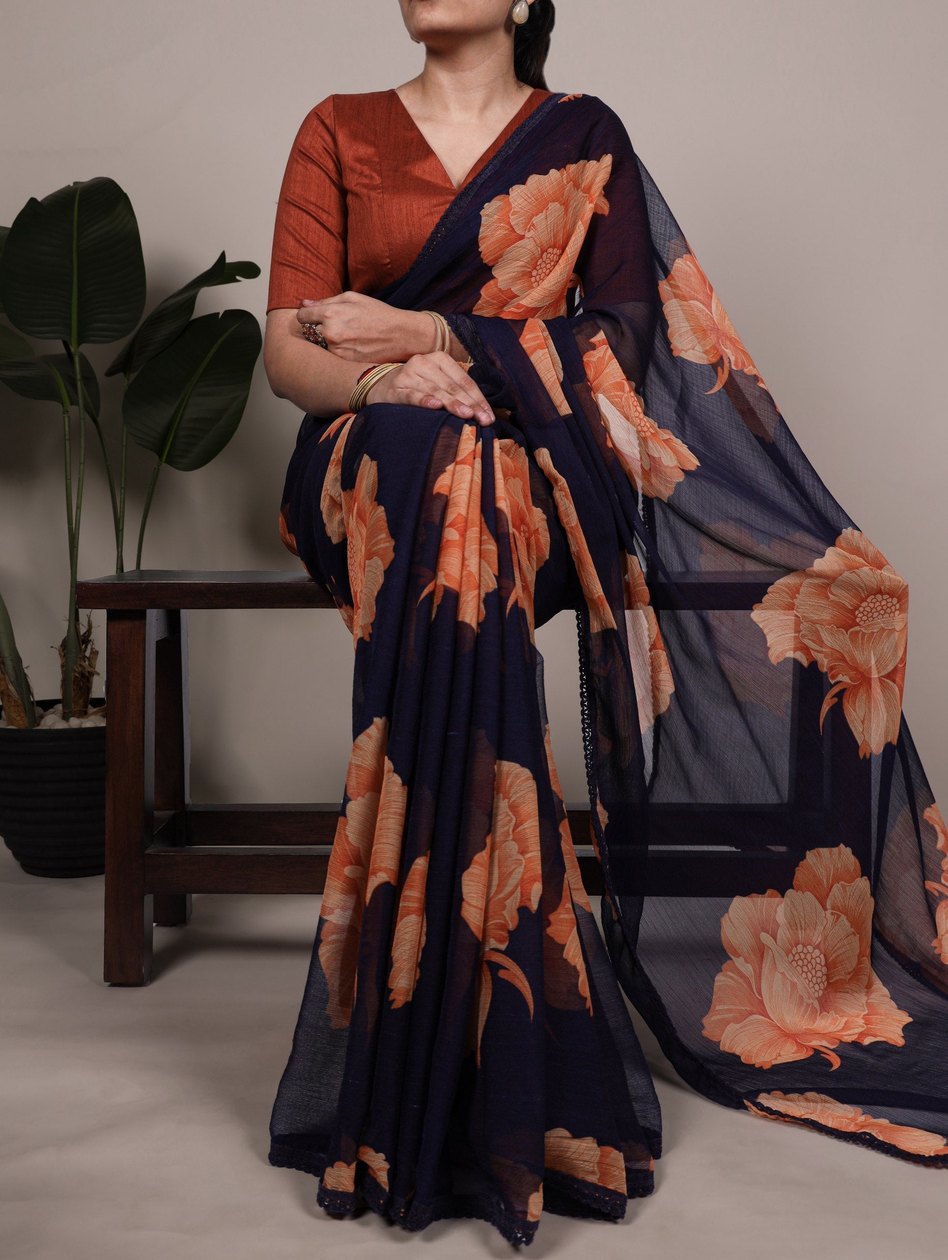 Navy Blue Elegant Chiffon Saree with Floral Print & Lace Border – Unstitched Banglory Blouse