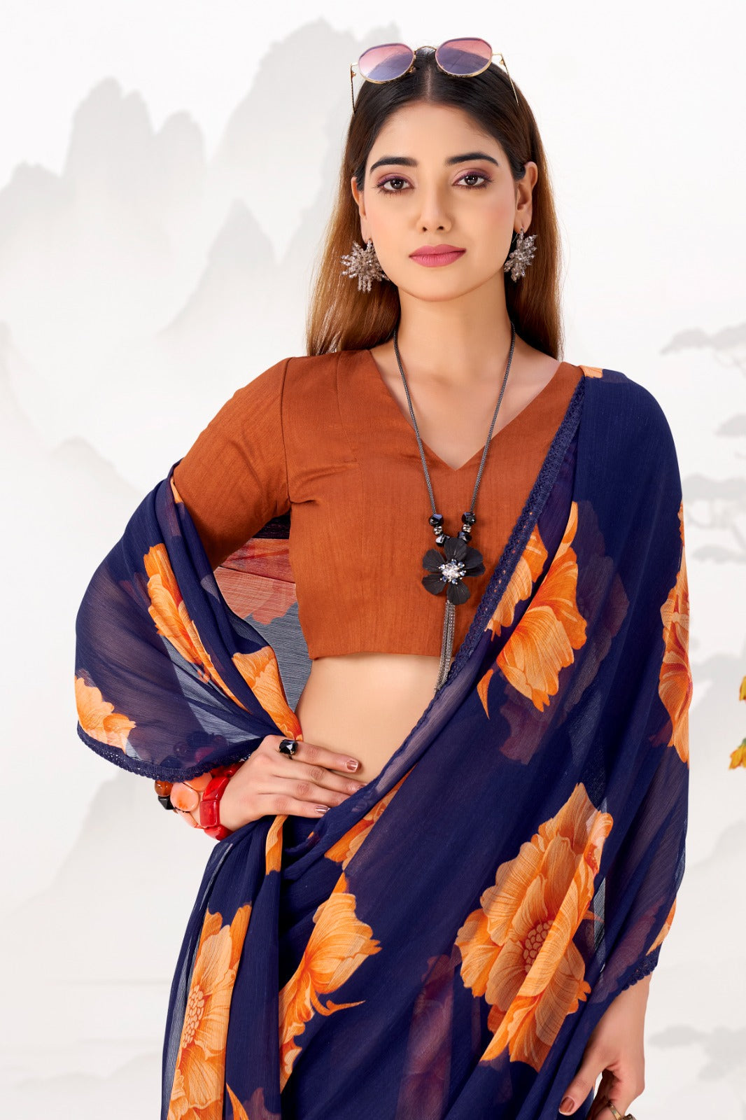 Navy Blue Elegant Chiffon Saree with Floral Print & Lace Border – Unstitched Banglory Blouse