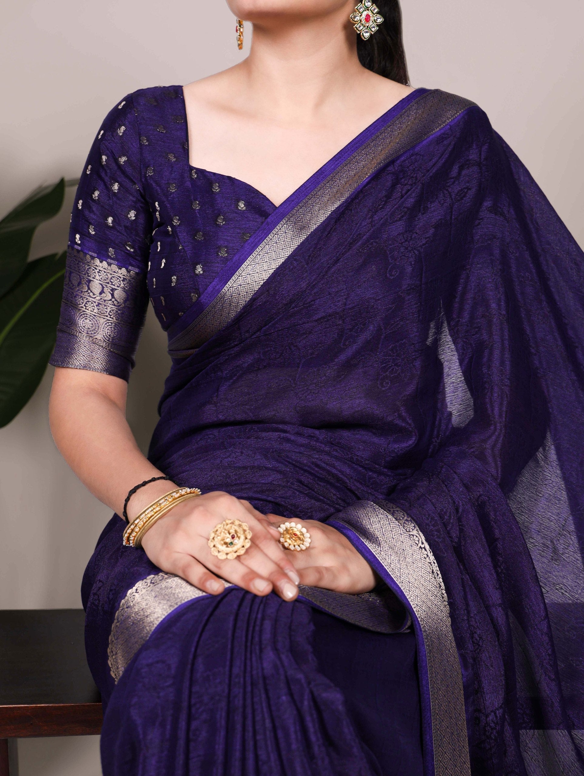 Navy Blue Elegant Chinon Saree with Self Print & Zari Weaving Work Unstitched Blouse Included