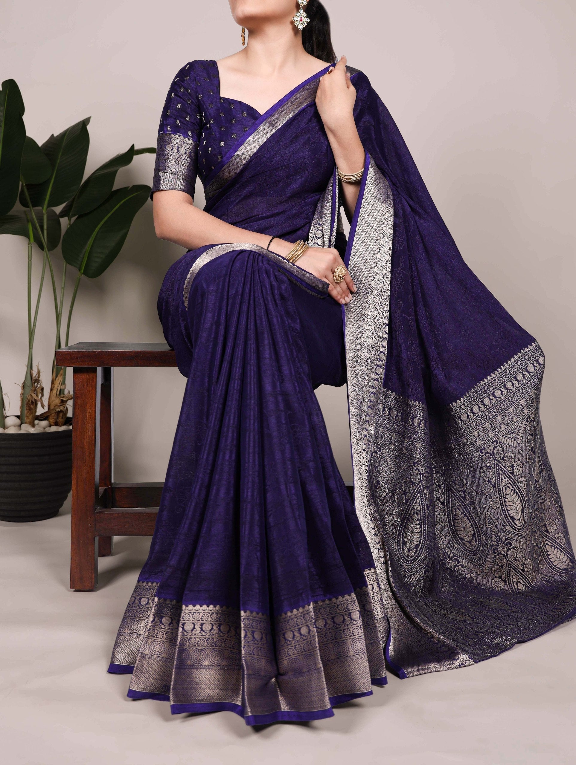 Navy Blue Elegant Chinon Saree with Self Print & Zari Weaving Work Unstitched Blouse Included