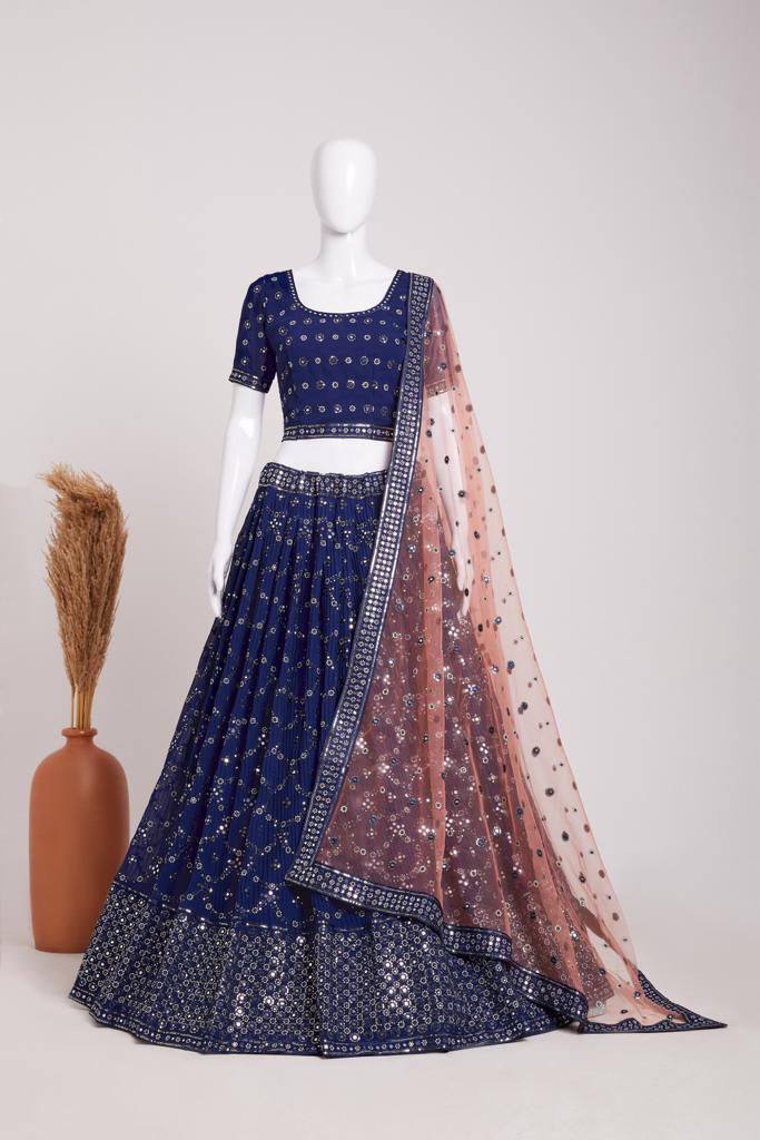 Navy Blue Elegant Heavy Georgette Embroidered Lehenga Set with Sequins & Butterfly Net Dupatta