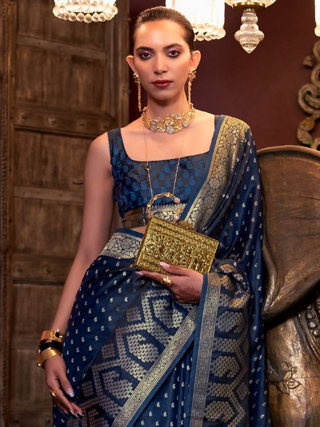 Navy Blue Elegant Pure Satin Handloom Saree with Unstitched Blouse Piece