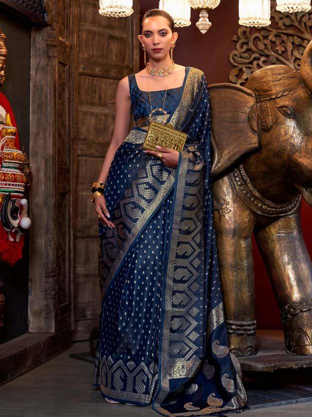 Navy Blue Elegant Pure Satin Handloom Saree with Unstitched Blouse Piece