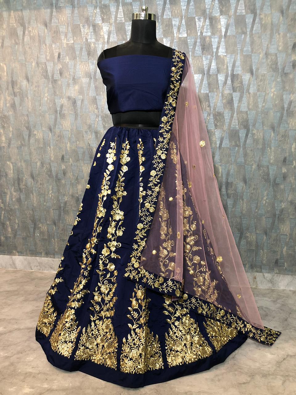 Navy Blue Elegant Tapeta Silk Lehenga Set
