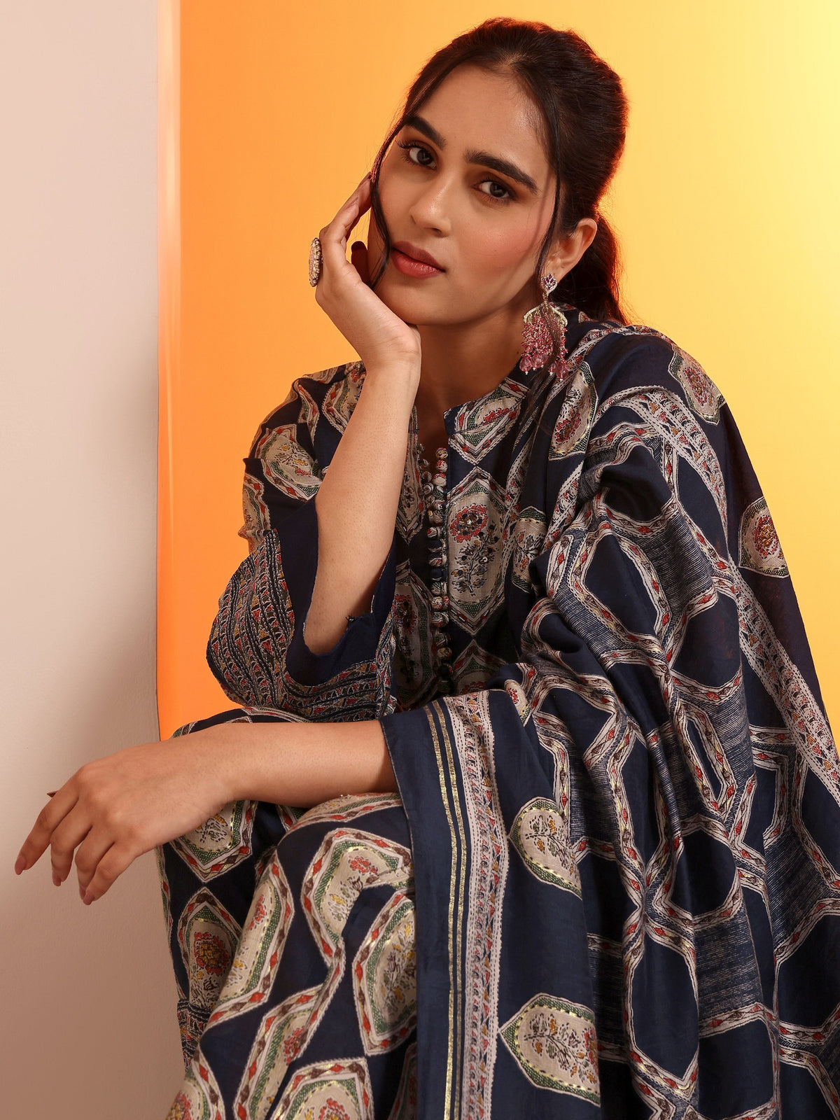 Anouk Navy Blue Embellished Silk Blend Straight Suit Set With Dupatta
