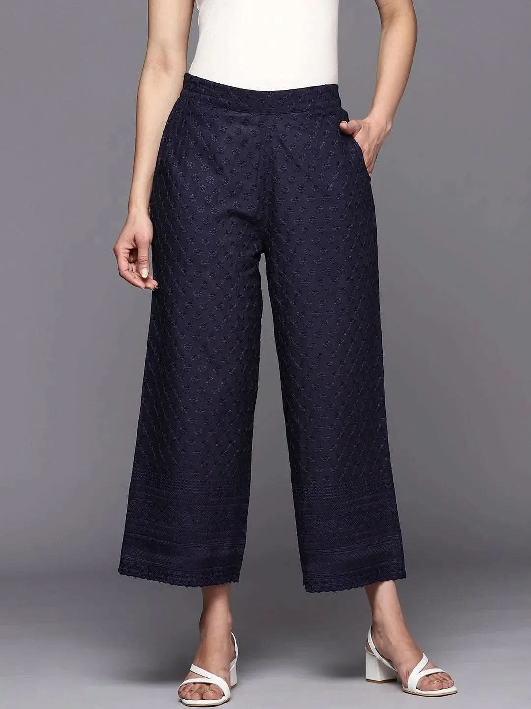 Anouk Navy Blue Embroidered Cotton Palazzos