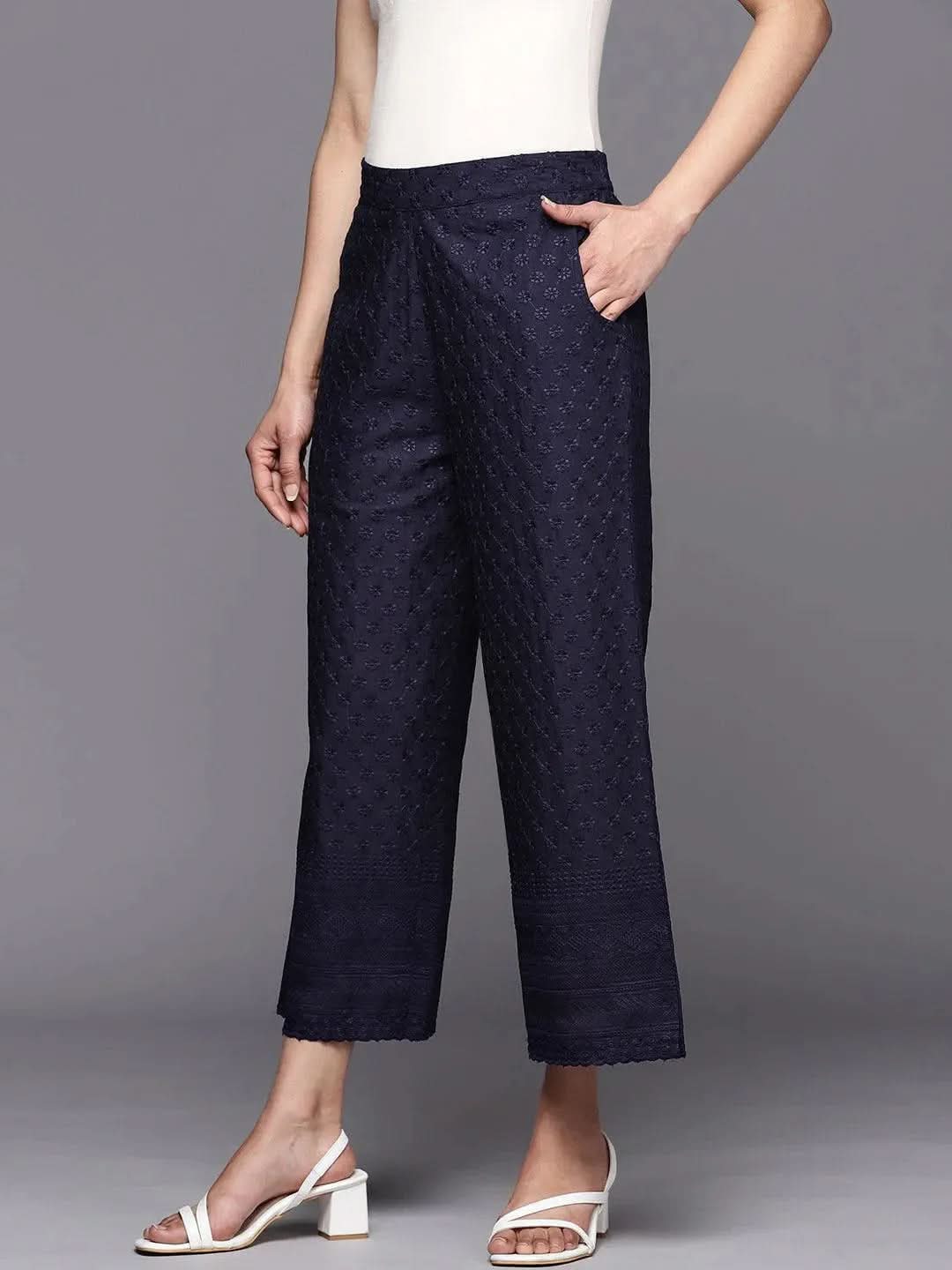 Anouk Navy Blue Embroidered Cotton Palazzos