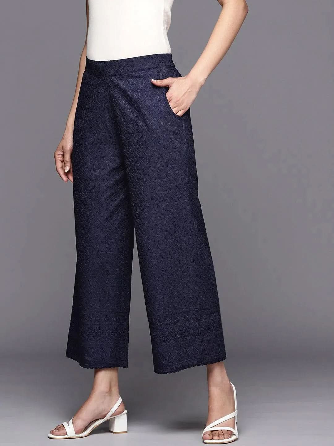 Anouk Navy Blue Embroidered Cotton Palazzos
