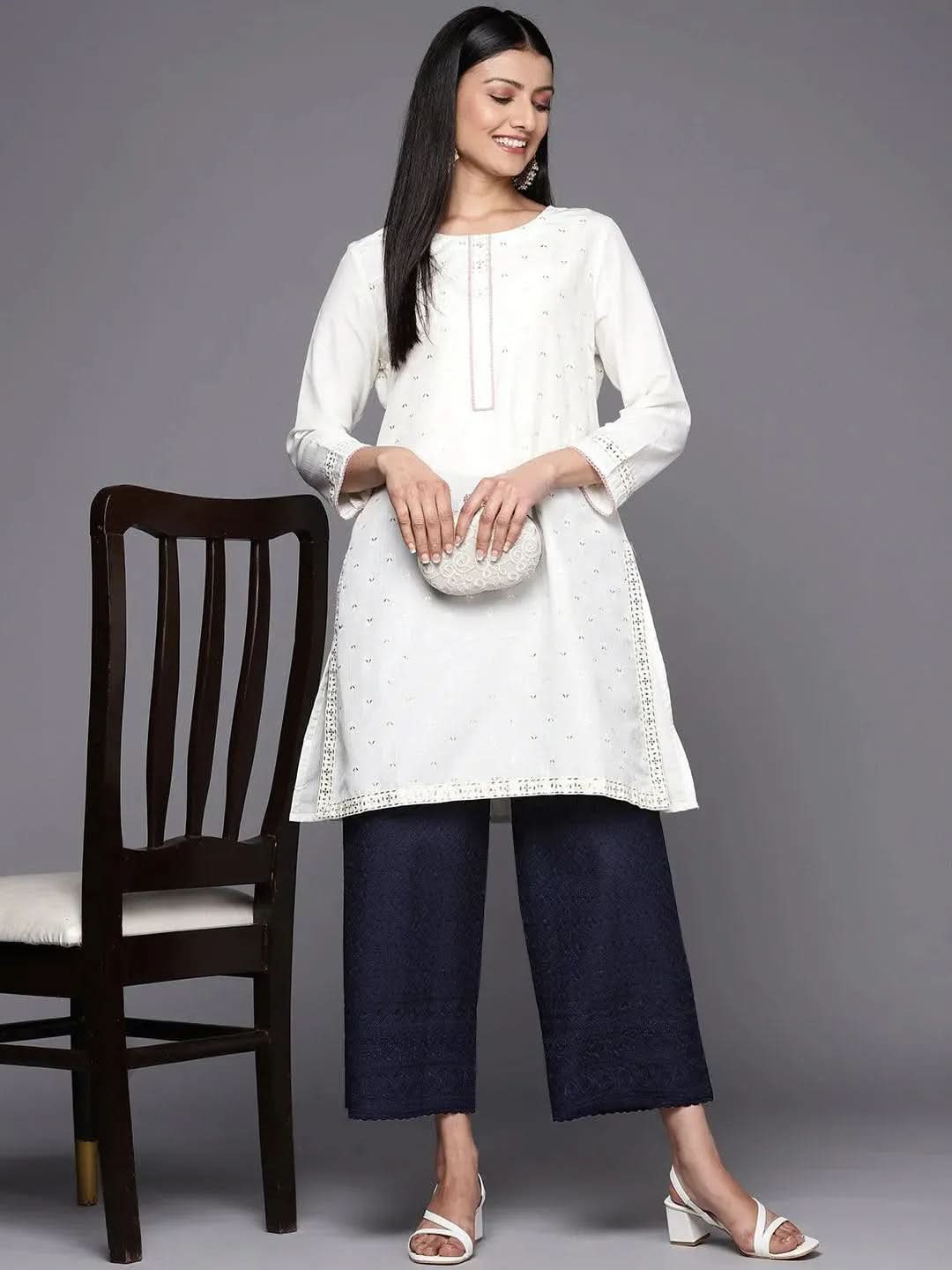 Anouk Navy Blue Embroidered Cotton Palazzos