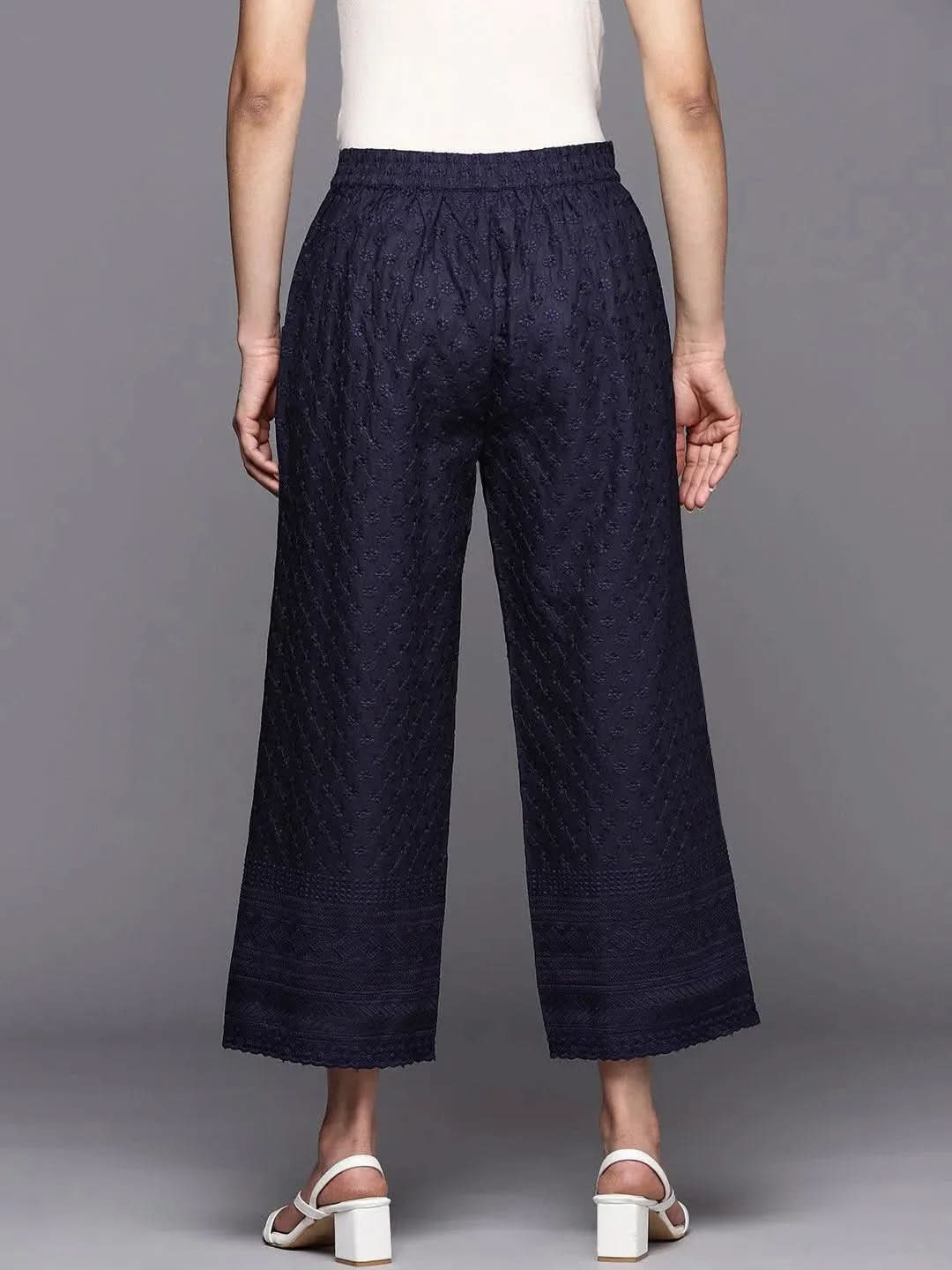 Anouk Navy Blue Embroidered Cotton Palazzos