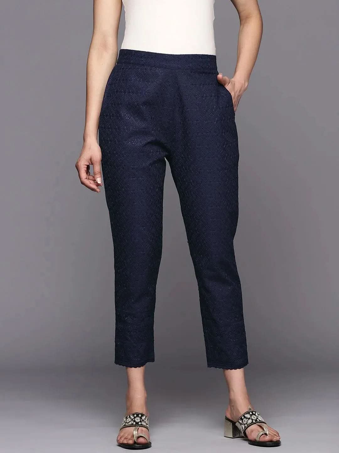 Anouk Navy Blue Embroidered Cotton Trousers