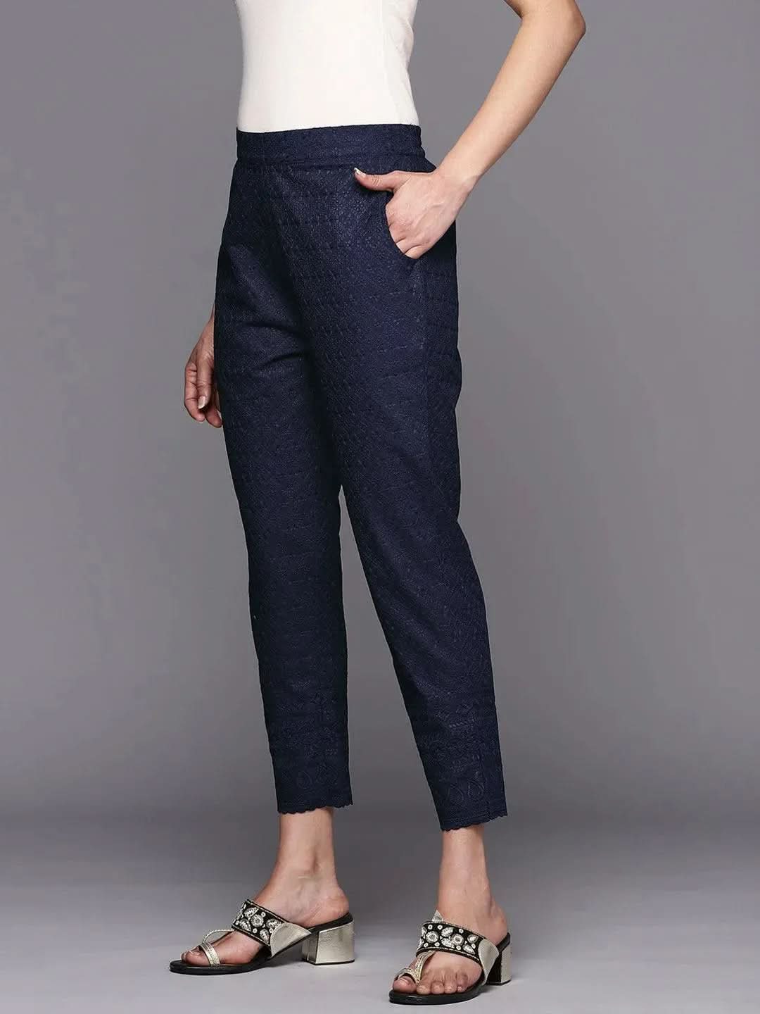 Anouk Navy Blue Embroidered Cotton Trousers