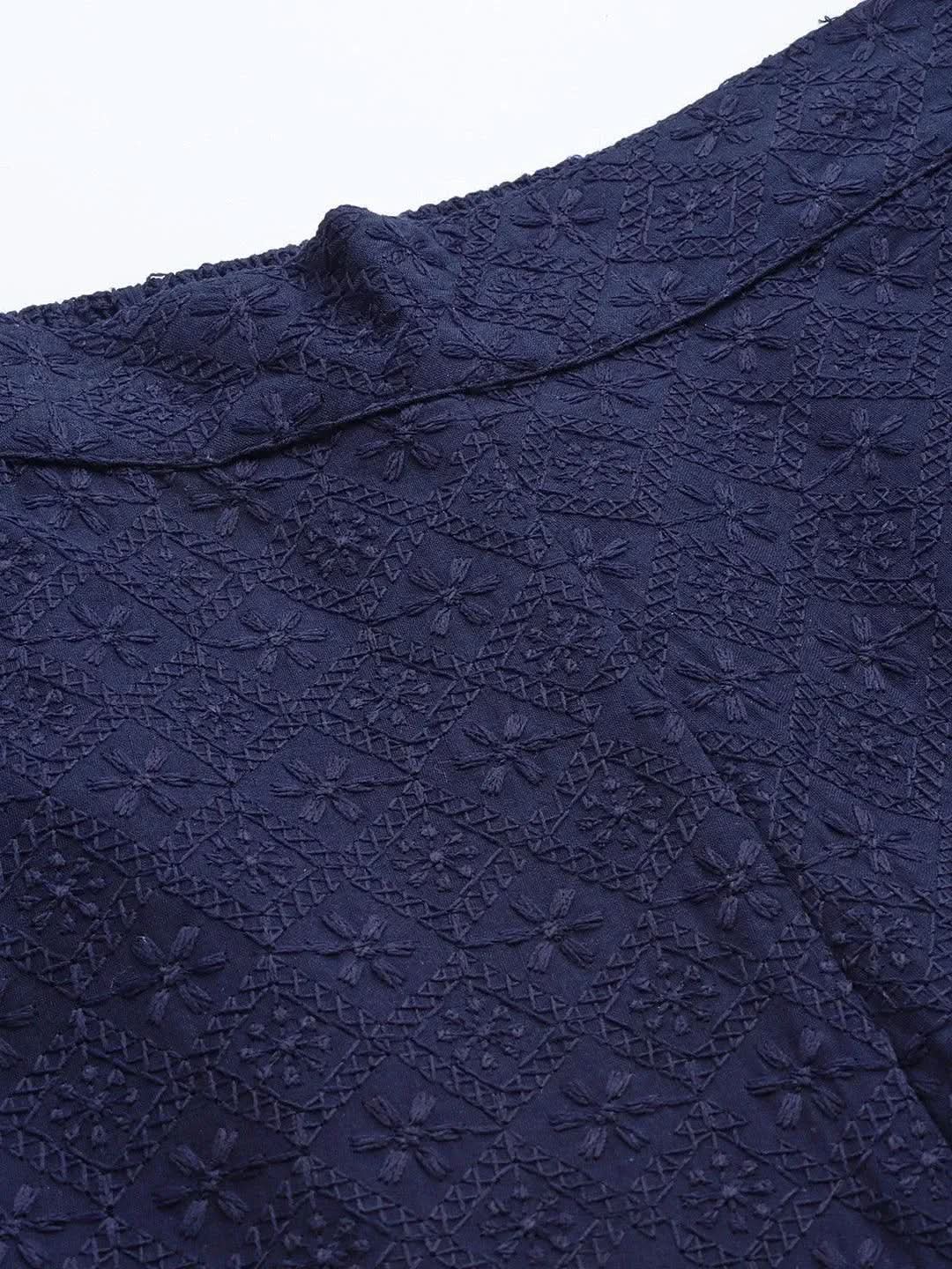 Anouk Navy Blue Embroidered Cotton Trousers