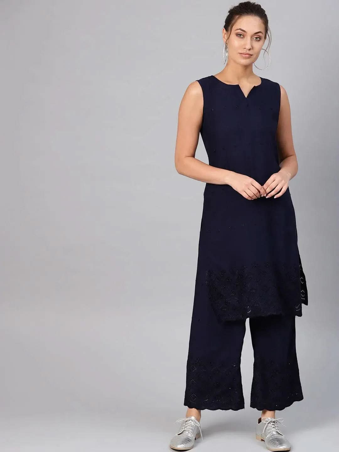 Anouk Navy Blue Embroidered Rayon Straight Kurta With Palazzos