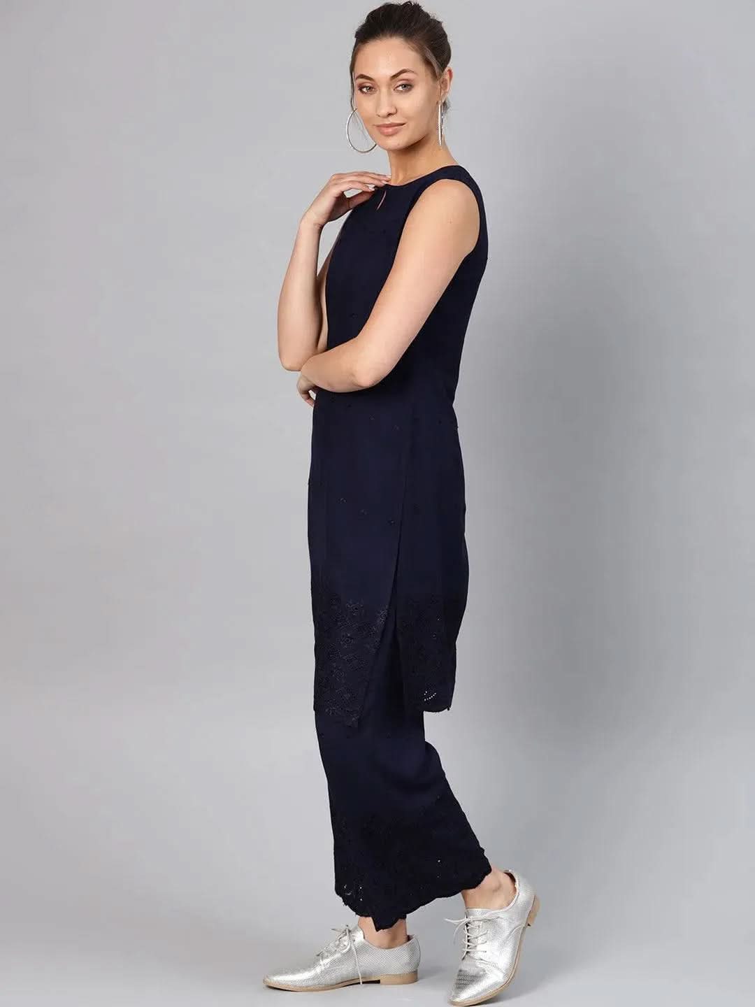 Anouk Navy Blue Embroidered Rayon Straight Kurta With Palazzos