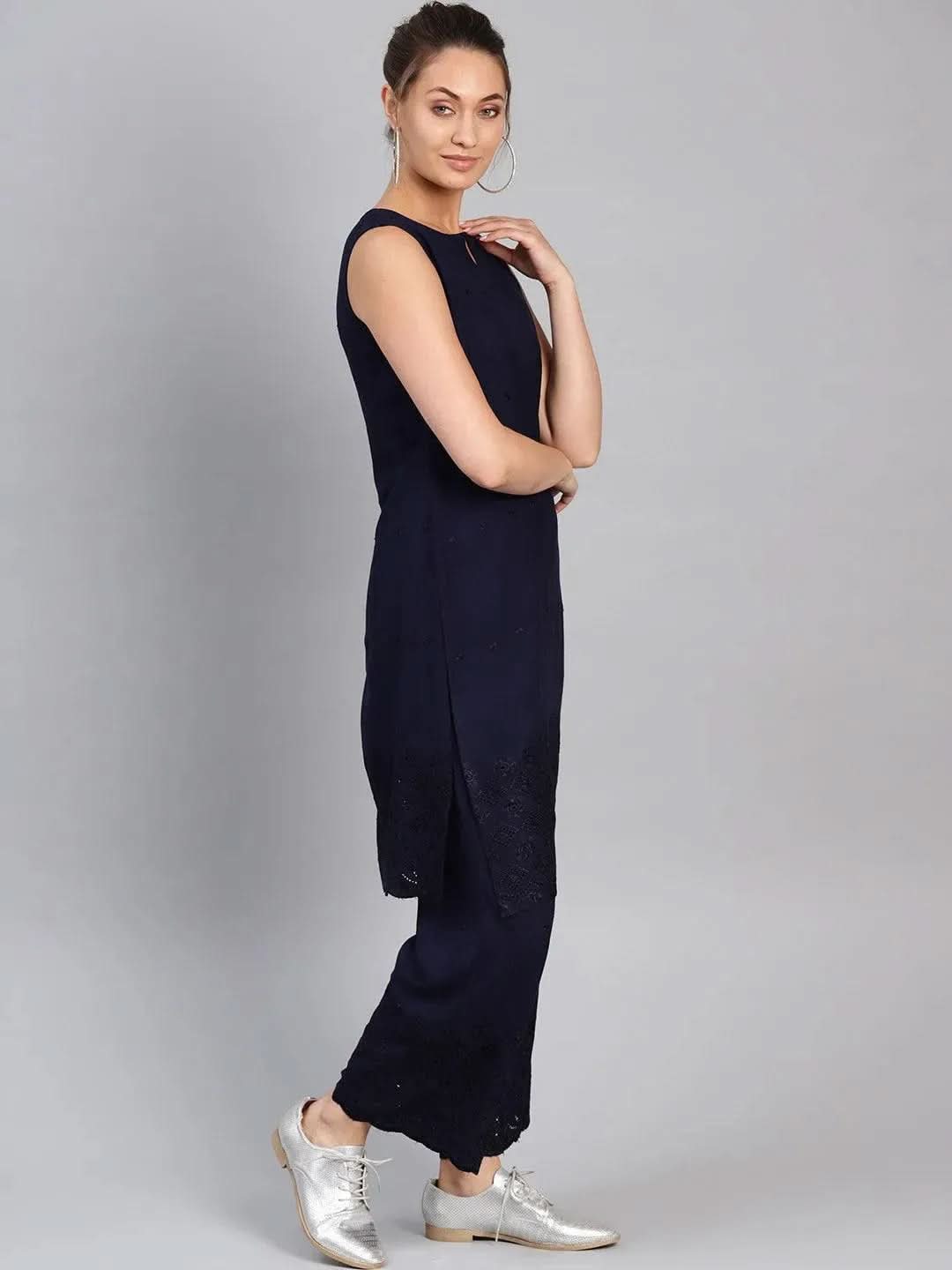 Anouk Navy Blue Embroidered Rayon Straight Kurta With Palazzos