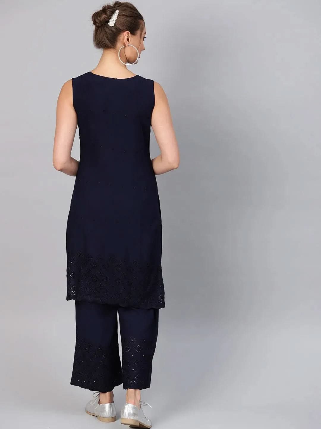 Anouk Navy Blue Embroidered Rayon Straight Kurta With Palazzos