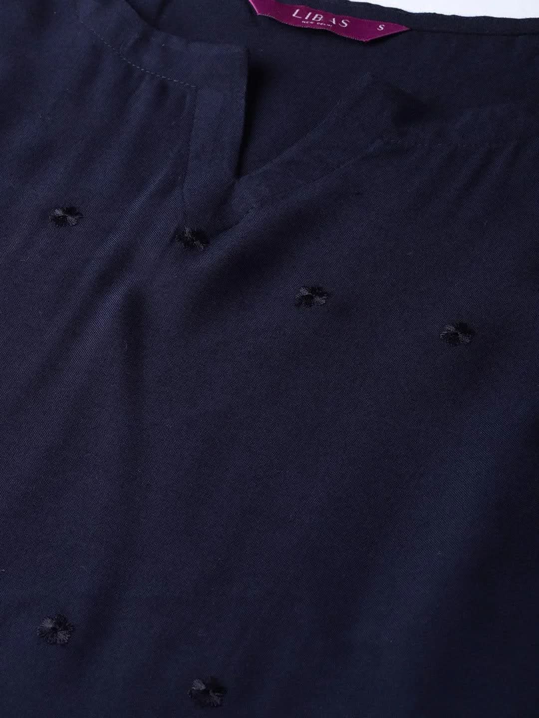 Anouk Navy Blue Embroidered Rayon Straight Kurta With Palazzos