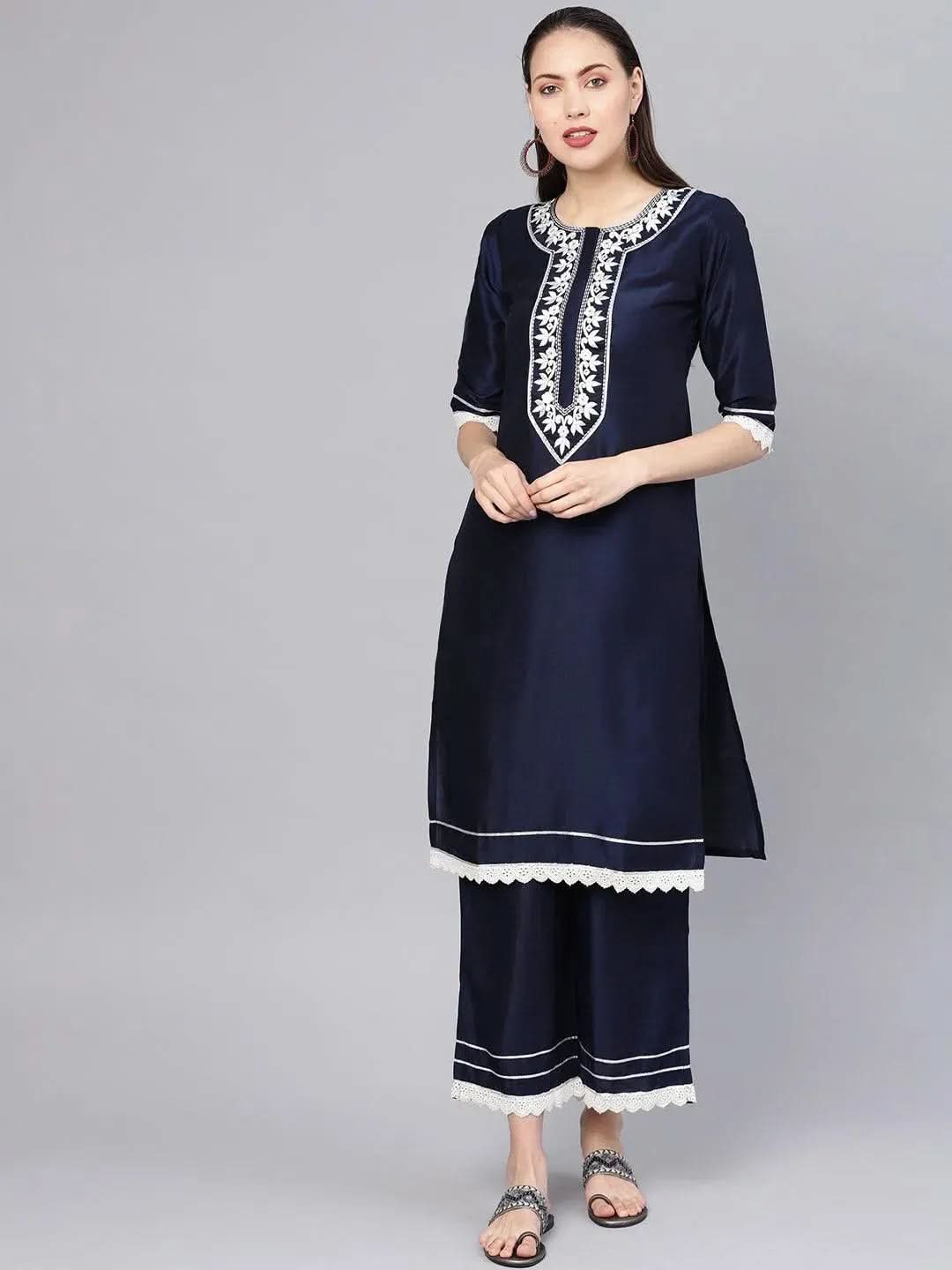 Anouk Navy Blue Embroidered Silk Straight Kurta With Palazzos