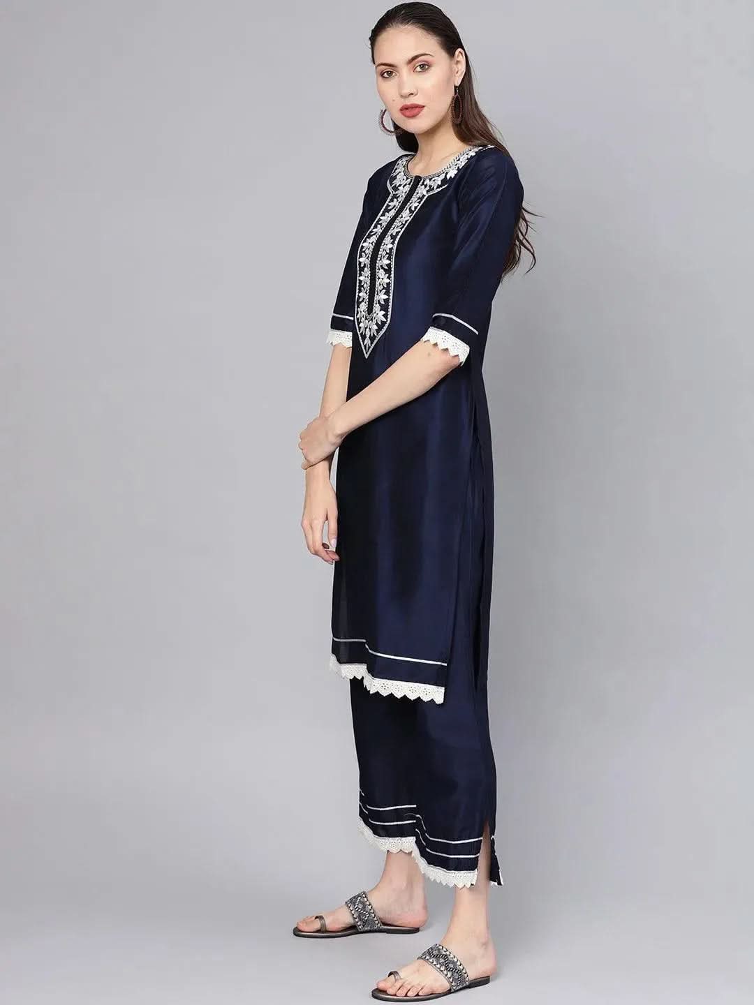 Anouk Navy Blue Embroidered Silk Straight Kurta With Palazzos