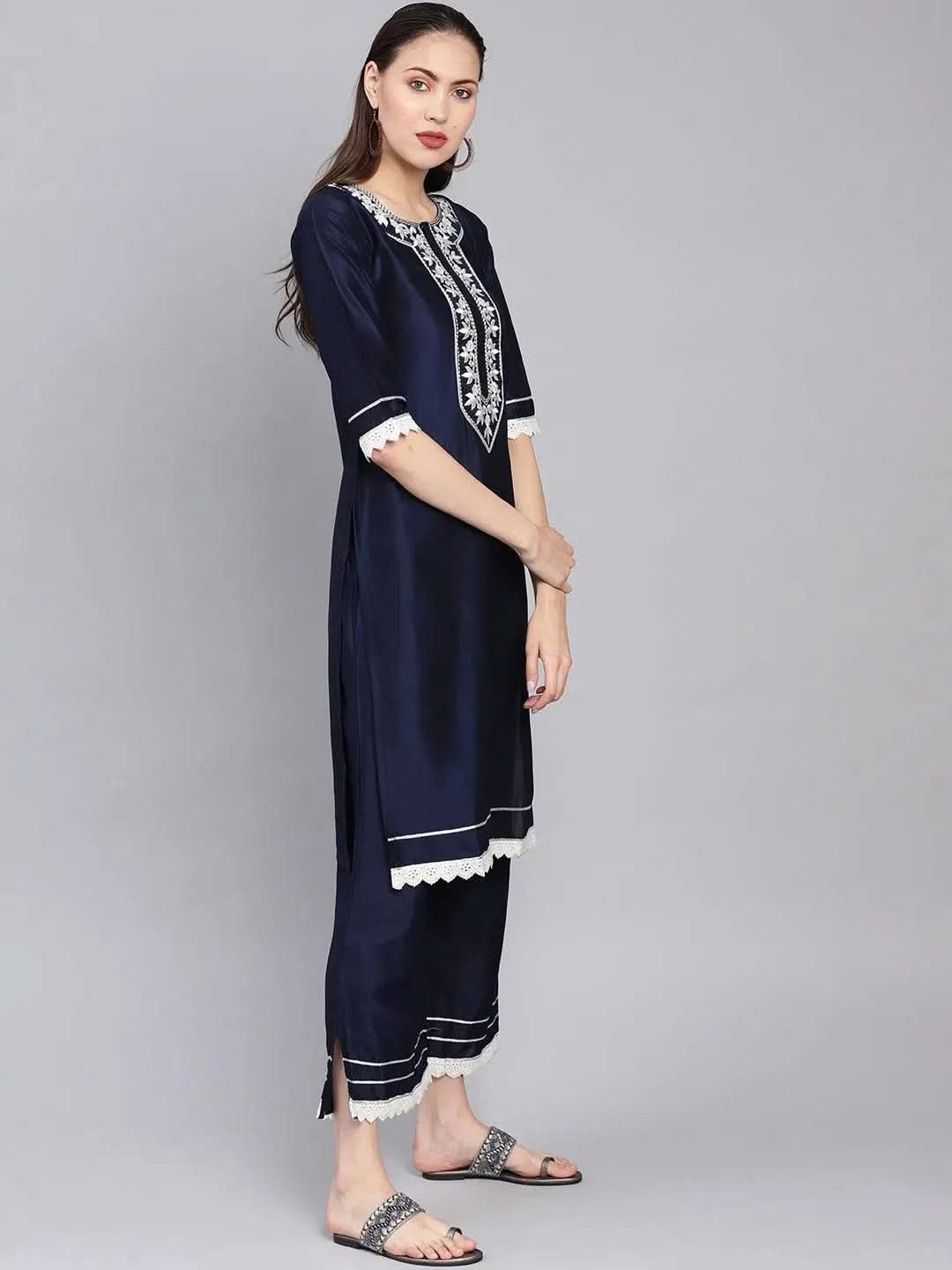 Anouk Navy Blue Embroidered Silk Straight Kurta With Palazzos