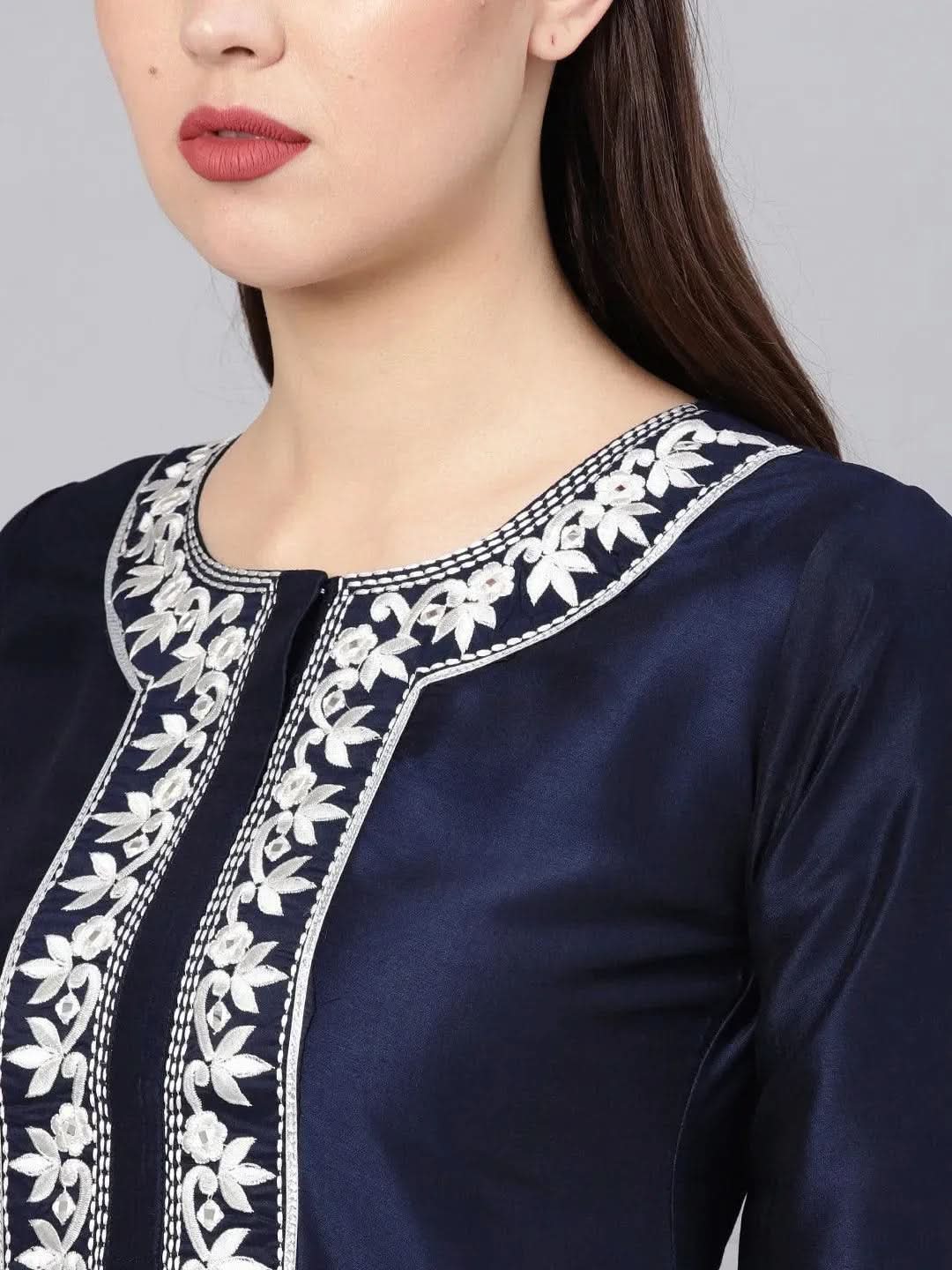 Anouk Navy Blue Embroidered Silk Straight Kurta With Palazzos